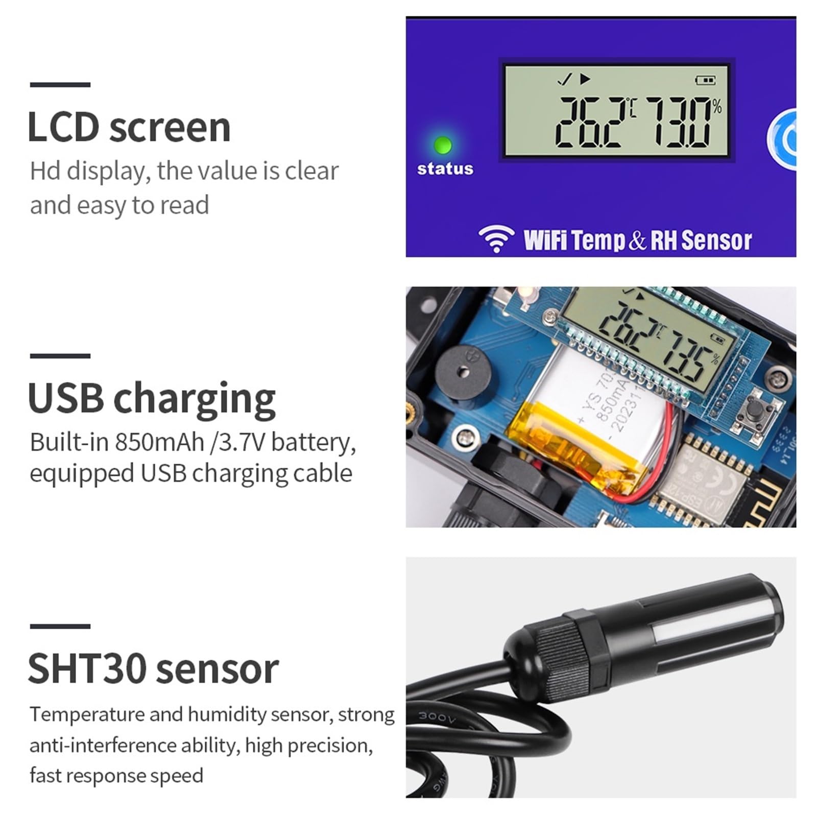 Transmisor de temperatura y humedad WiFi, monitoreo remoto, Sensor de temperatura y humedad, registrador de datos, alarmas de límite superior e inferior