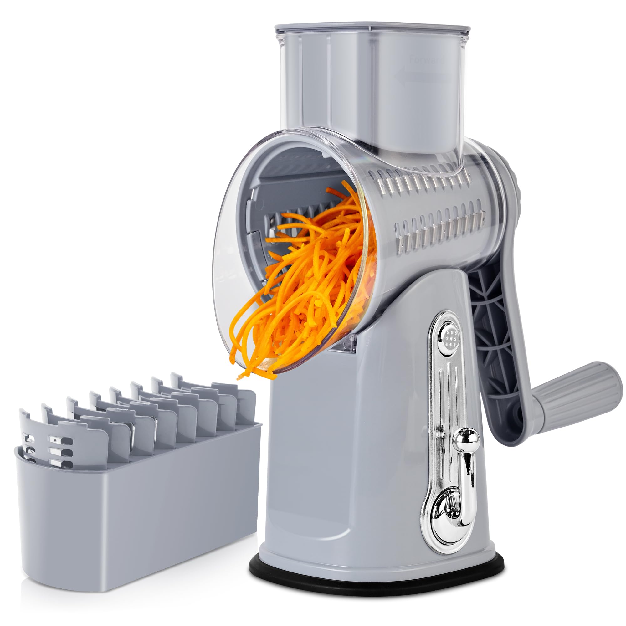 Photo 1 of SUSTEAS Rotary Cheese Grater with Handle - Vegetable Shredder with 5 Well-designed Blades & Strong Suction Base,Round Mandoline Slicer & Food Chopper for Kitchen,with Blade Storage Box(Gray)