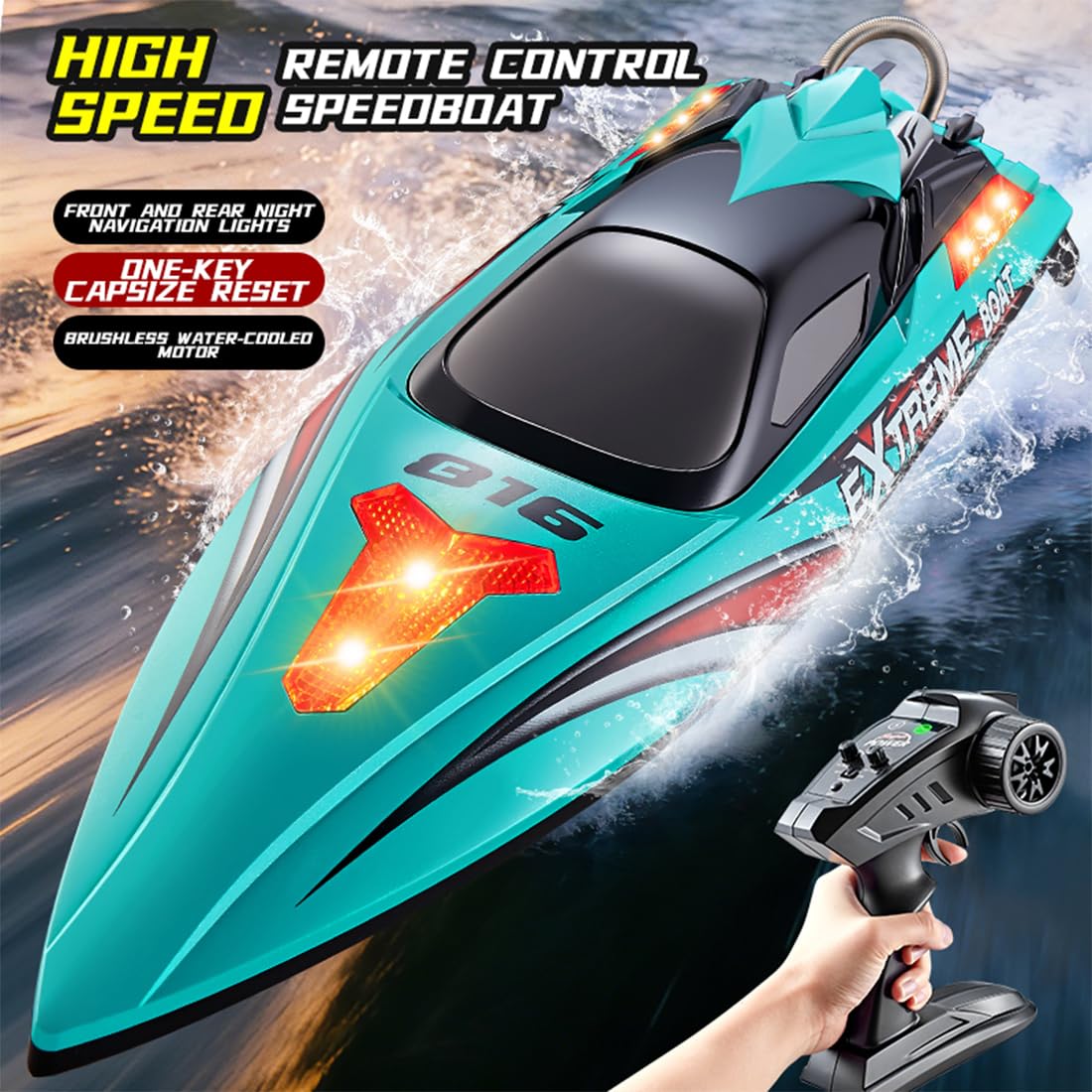 Ferngesteuertes Boot mit LED-Licht, 55KM/H Bürstenloser schneller RC Speedboot mit doppelt wasserdichtem Design, EIN-Tasten-Kenterungsrettung und Alarm bei niedrigem Batteriestand