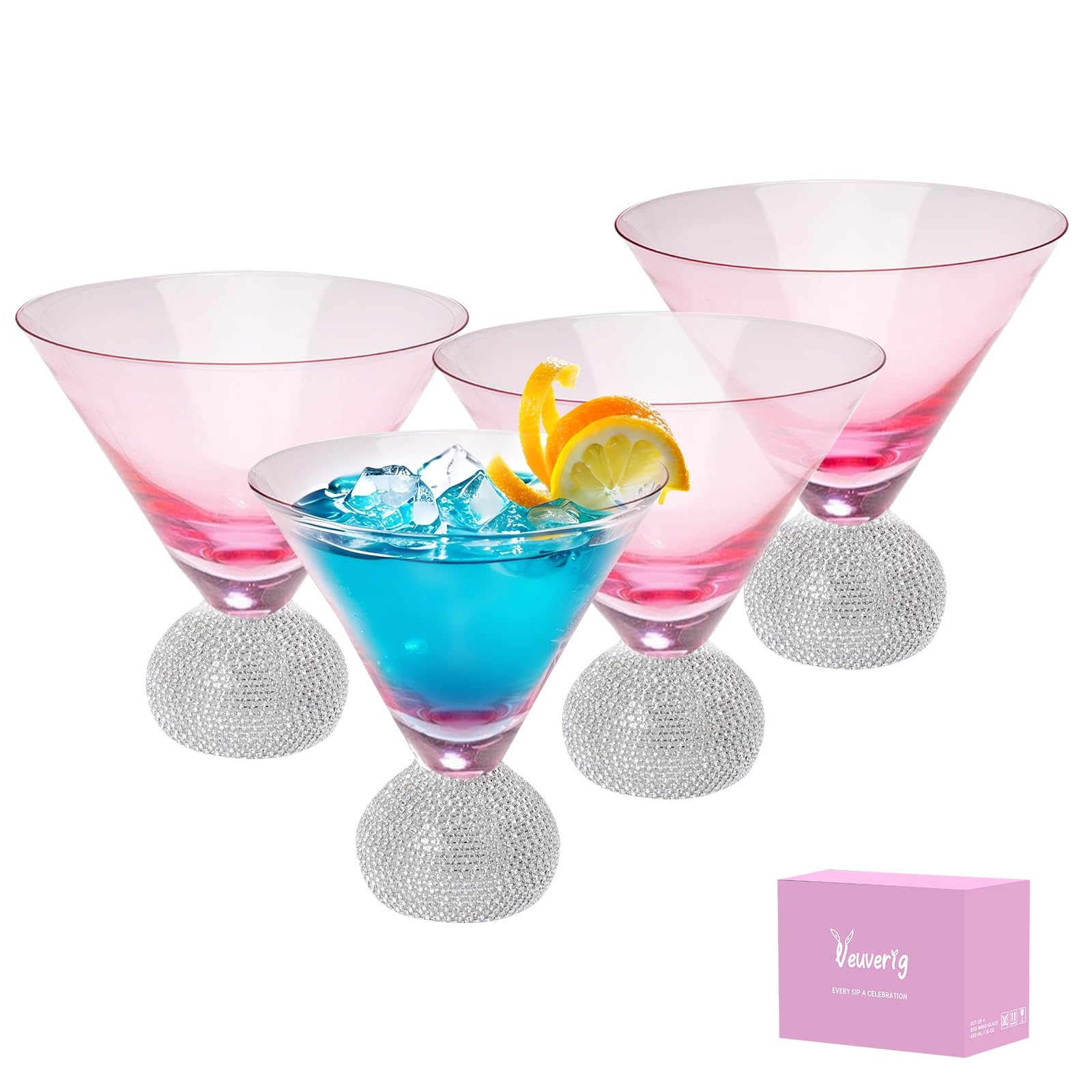 Veuverig Stemless Martini Glasses set of 4,Silver 10 Oz Elegant Crystal Pink Cocktail Glass,Hand Blown Glass,Diamond Glasses Base,for Margarita, Manhattan,Home Bar,Party (Silver pink Cocktail glass)