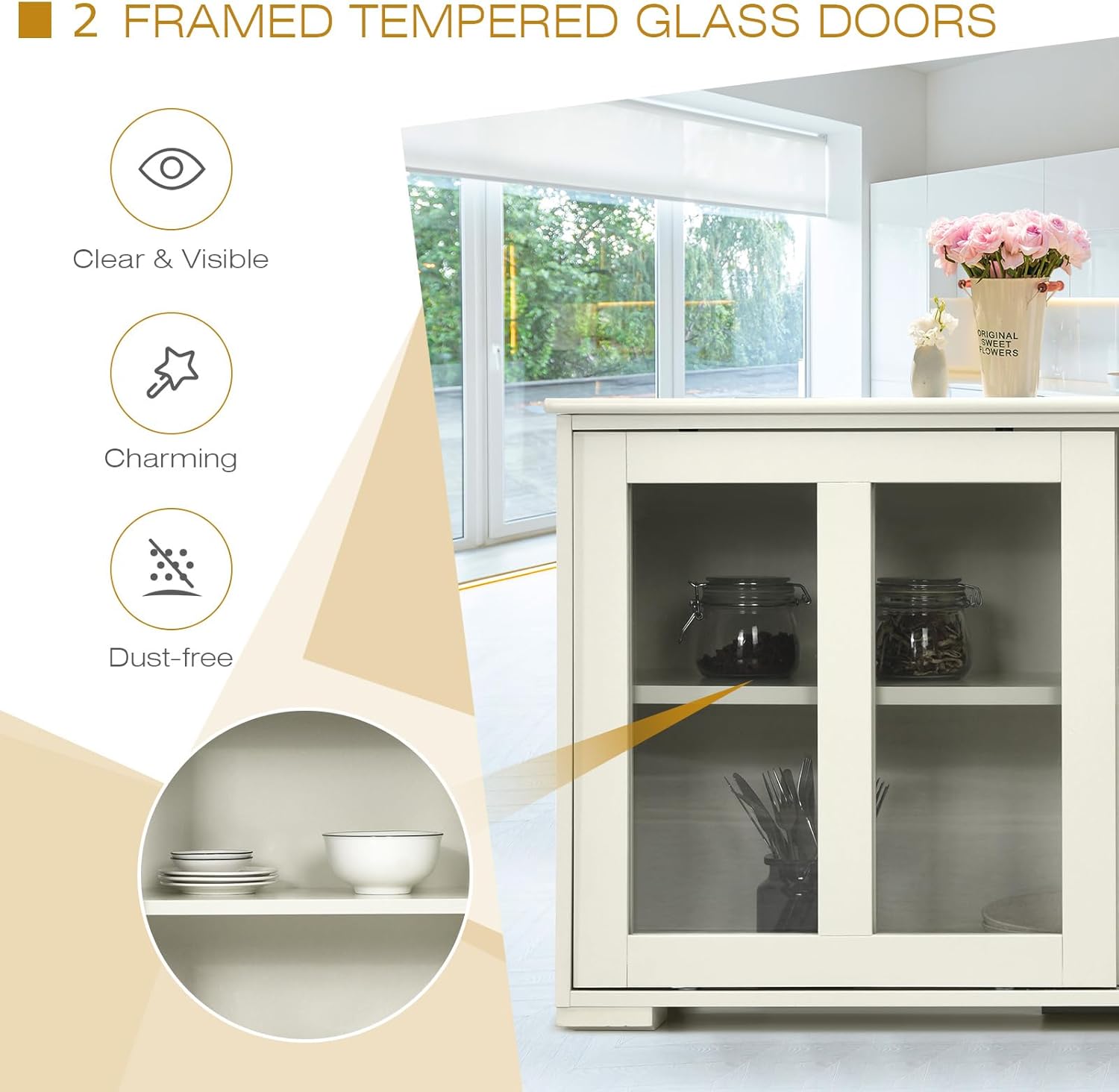 Byroce Sideboard Buffet Cabinet, Stackable Storage Coffee Bar Cabinet w/Adjustable Shelf & Glass Sliding Doors, Wood Cupboard Credenza Console Table for Kitchen Dining Living Room (1, Antique White)