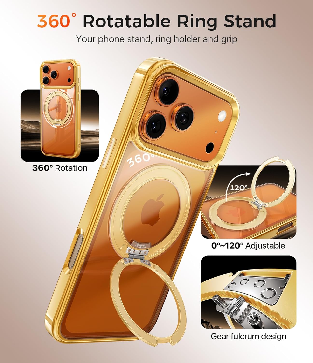 ohbox Magnetic iPhone 17Pro Max Case Compatible with MagSafe, iPhone 17 Pro Max Case with Stand, Desert Titanium 17 Pro Max Cover Slim Translucent Polished Phone Case for iPhone 17 Pro Max 6.9''-Gold