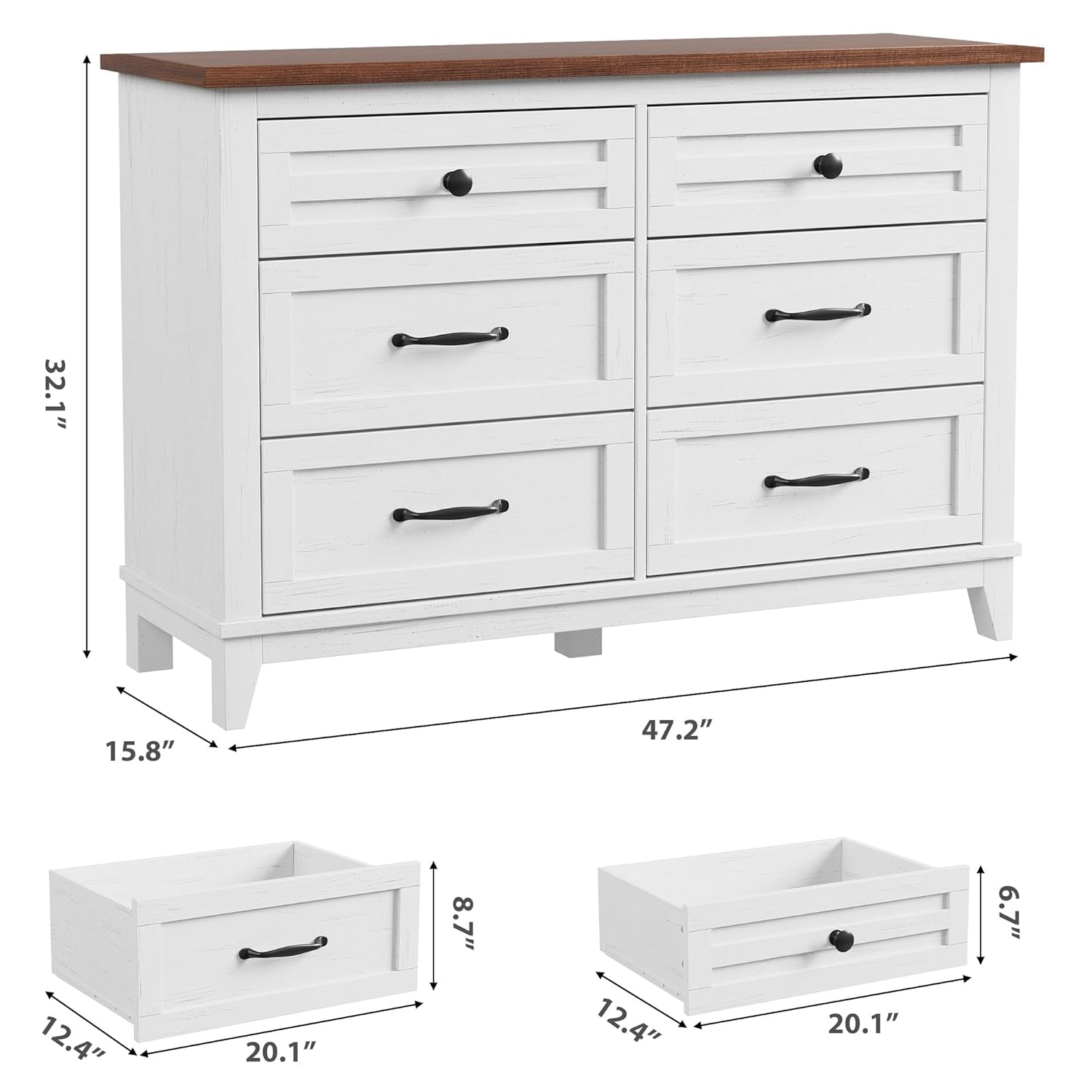 garveehome 6 dresser for bedroom, 47 in wide drawer dresser with storage freestanding, wooden closet storage chest for living room, bedroom, entryway, white+brown white + brown 15.8"d x 47.2"w x 32.1"h (6 drawers)