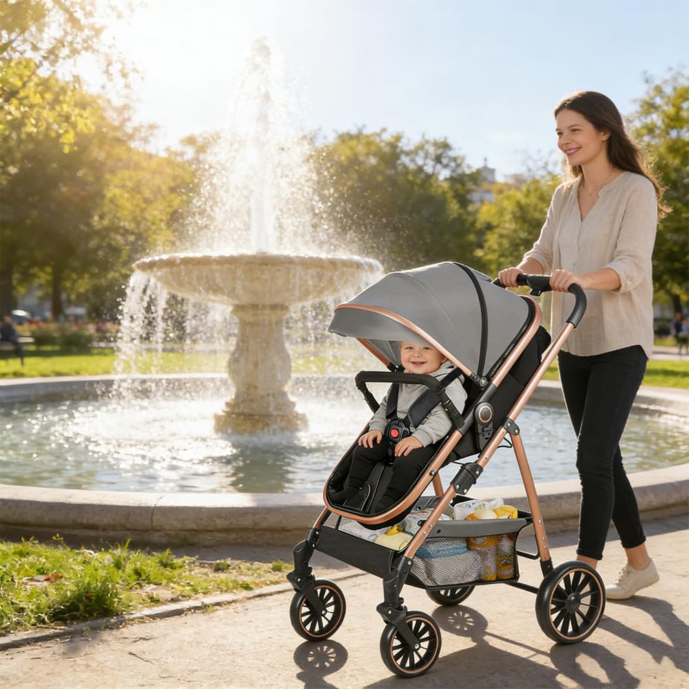 OHMG Poussette 3 en 1 avec Nacelle, Poussette de Voyage's Nacelle est Pliable, Trio Poignée est Réglable, les Roues sont en Matériau PU, pour Enfant de la Naissance à 3 Ans (Gris)