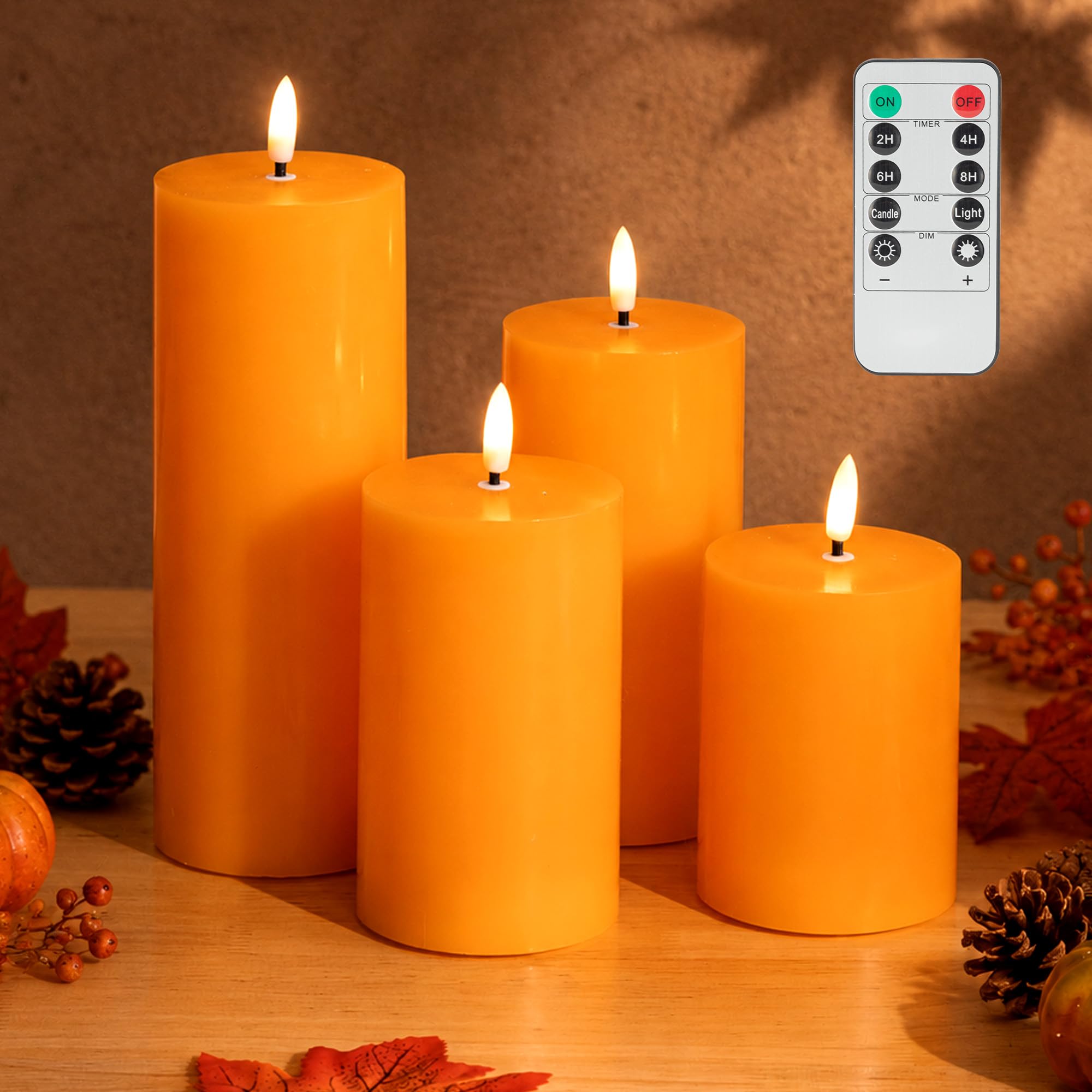 JOIONE Orange Fall Flameless Pillar Candles with Remote, 4 Pack Fall Decor — image 1