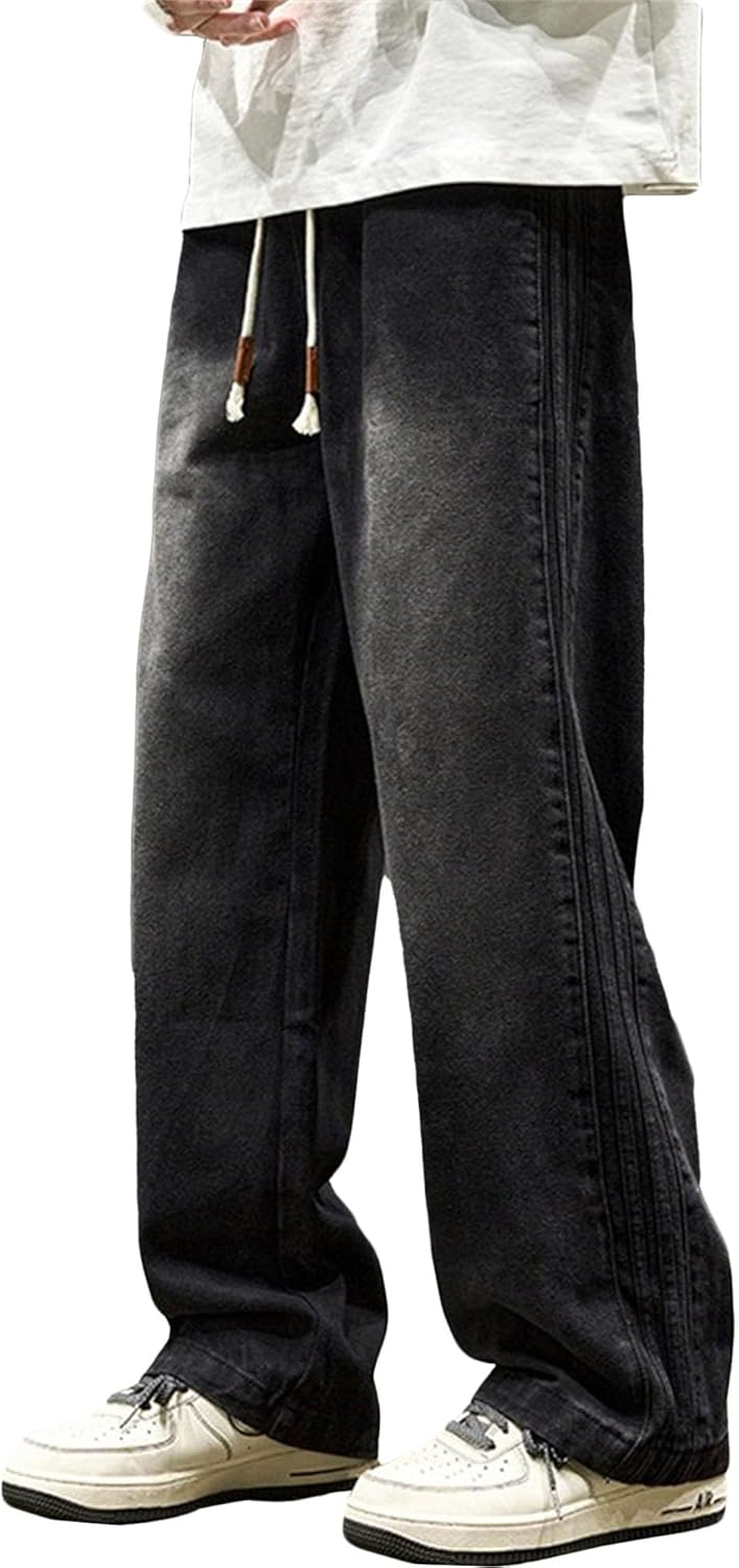 Men High Street Side Stripes Denim Pants Retro Drawstring Regular Fit Wash Jeans Spring Classic Cool Skater Trouser