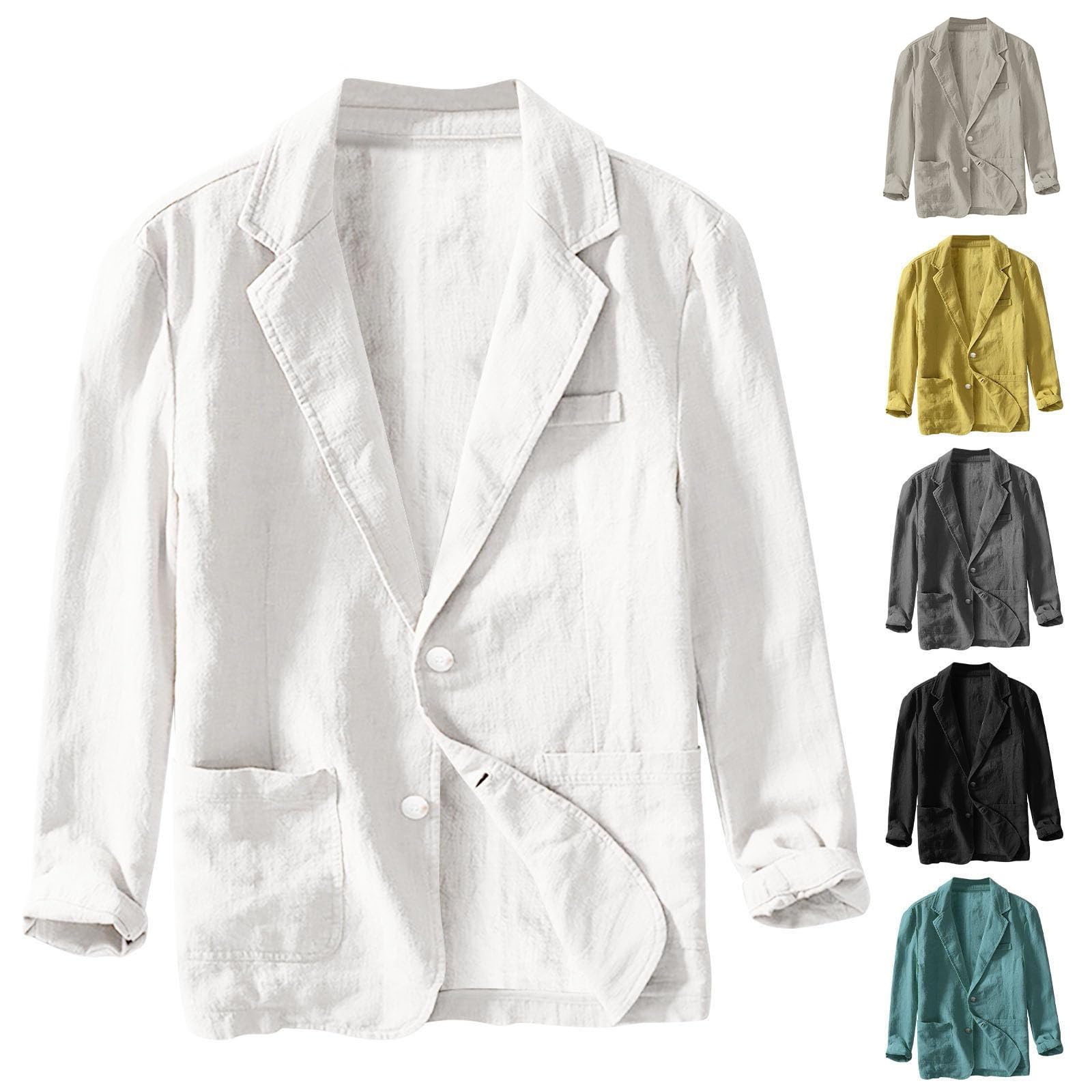 Generisch Sommer Leinenjacke Herren Leichte Atmungsaktive Herrenblazer aus Baumwolle und Leinen mit Zwei Knöpfen Schlichter Lockerer Beuqeme Freizeit Anzugjacke Sakko Knopf Jacke Freizeitjacke