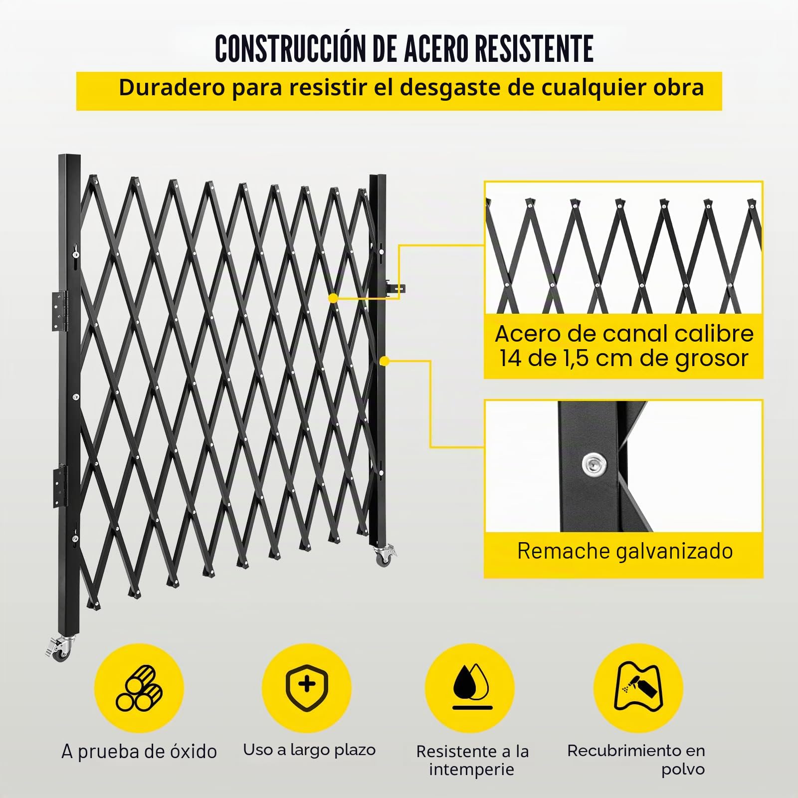 VEVOR Barrera de Seguridad Extensible Plegable Simple, 1,9 m H x 1,26 m L, Valla de Escalera de Acero, rodante a 360°, Barrera de Tijera o Puerta con Cadenas, para casa sótano de Garaje, Negro