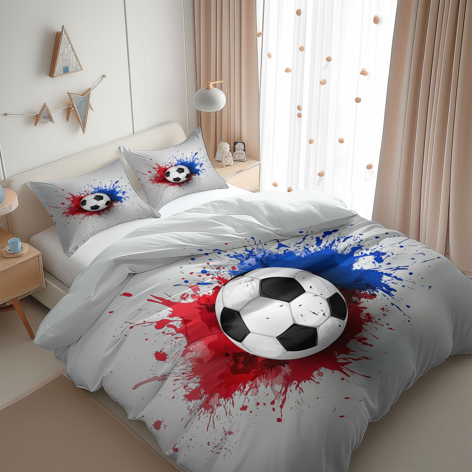 Dwustronna poszewka na kołdrę łóżko Futbol Farba z mikrofibry Edredon 3 sztuki z 2 poszewkami na poduszki 50 x 75 cm szary nadruk poszewka na kołdrę z zamkiem błyskawicznym