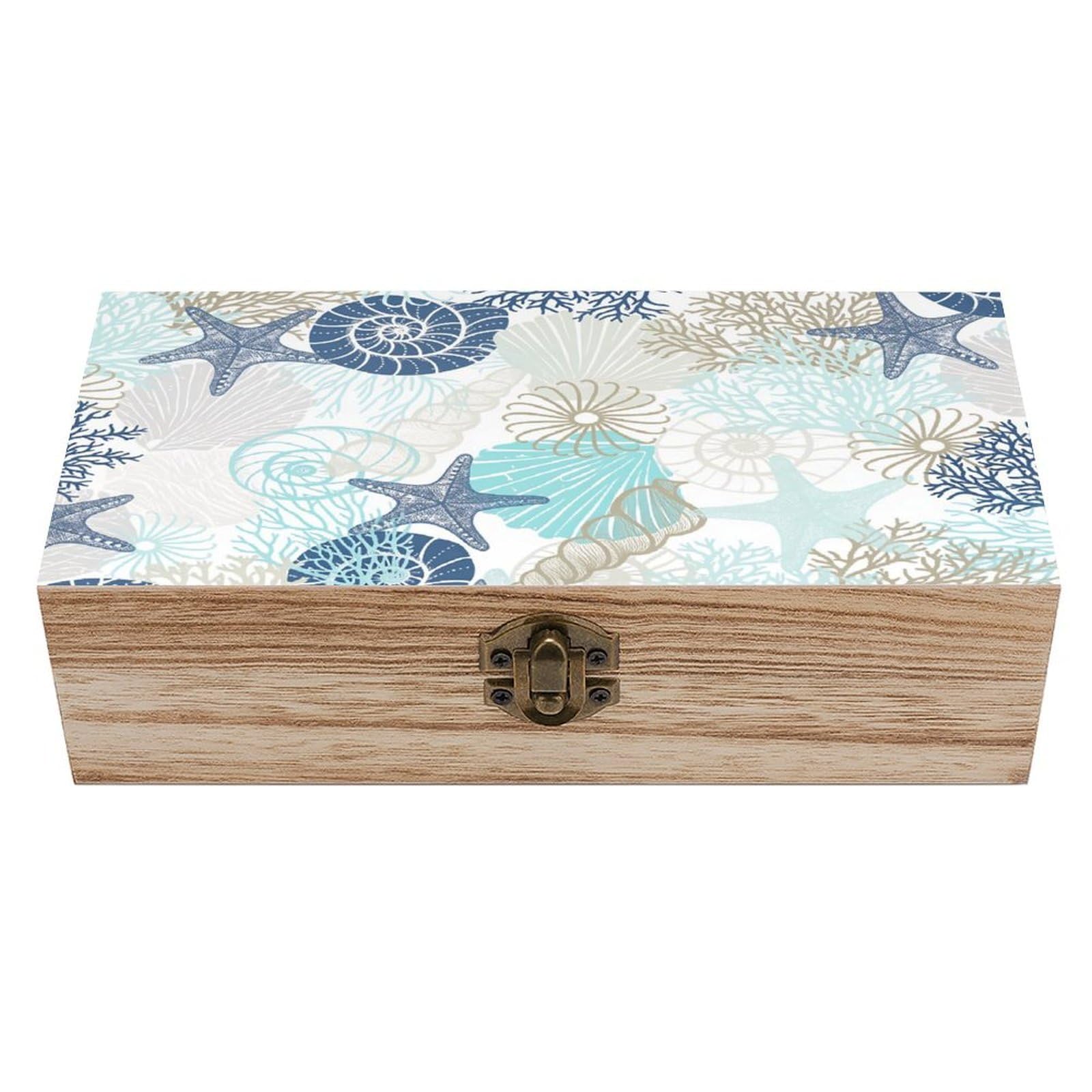 HLBSDM Starfish Seashells And Coral Vintage Wooden Keepsake Box with Hinged Lid And Locking Clasp, Decorative Storage Box for Jewelry, Trinkets And Small Accessories, Organizer for Home Or Wedding