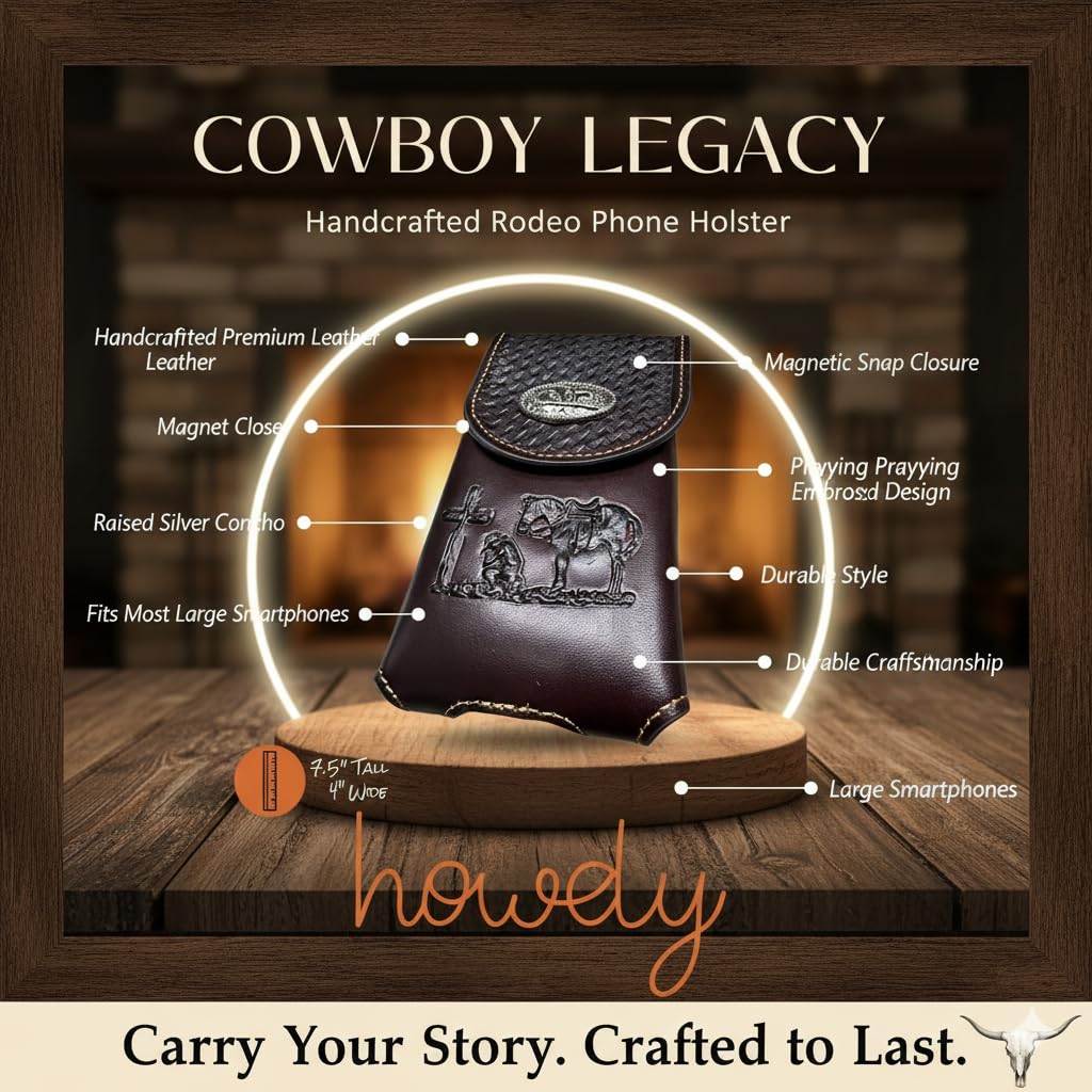 Western Leder Handy Holster - Korbgeflecht mit Cowboy betend am Kreuz geprägt & Concho - Gürtelschlaufe Tragetasche für Smartphones