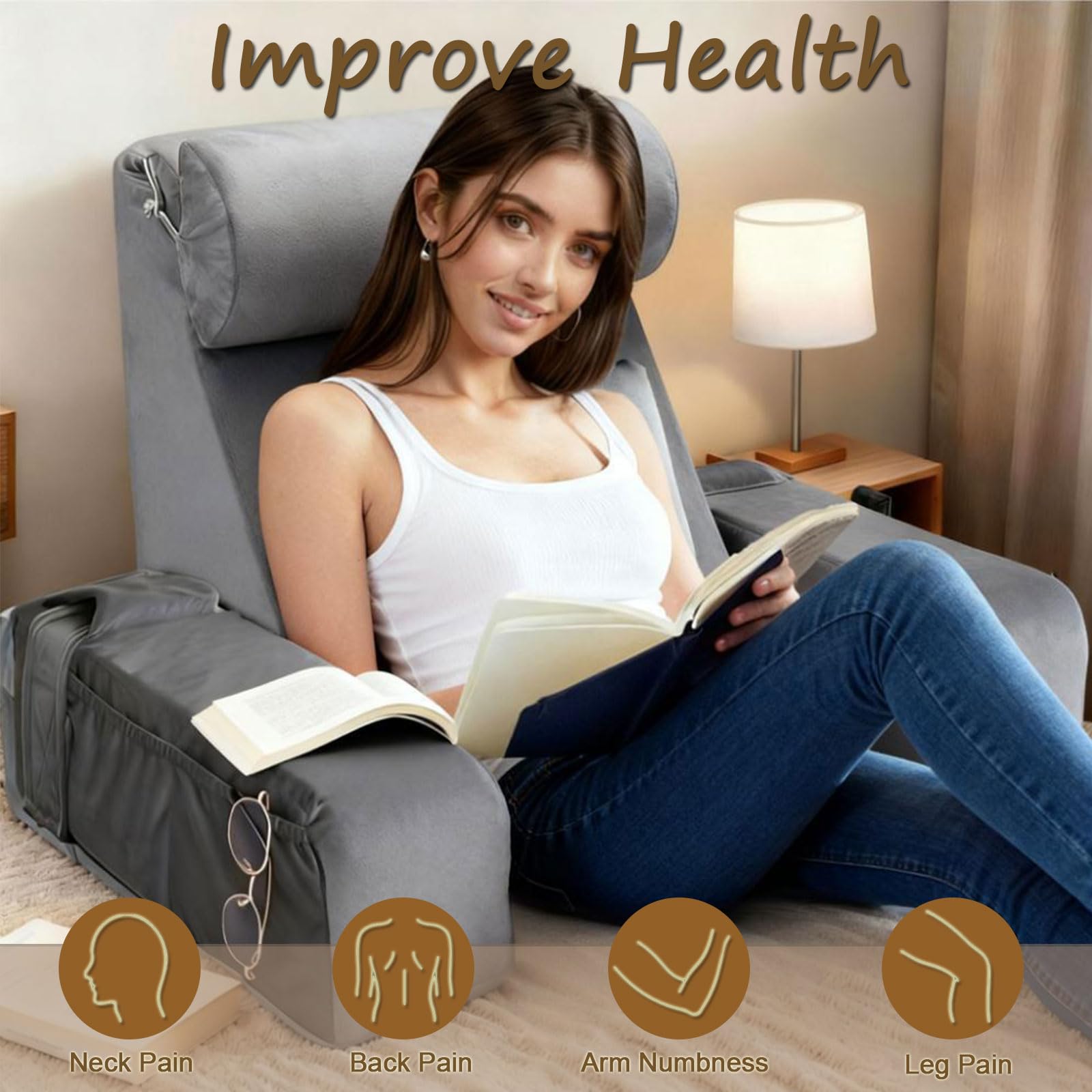 Almohada Lectura Cama, Cojín con Respaldo Apoyo Lumbar, con Soporte para Brazos y Bolsillos, Grande Cojín para la Espalda, Cojin Respaldo para Trabajar, Leer o Jugar en la Cama Sofá Suelo (GR)