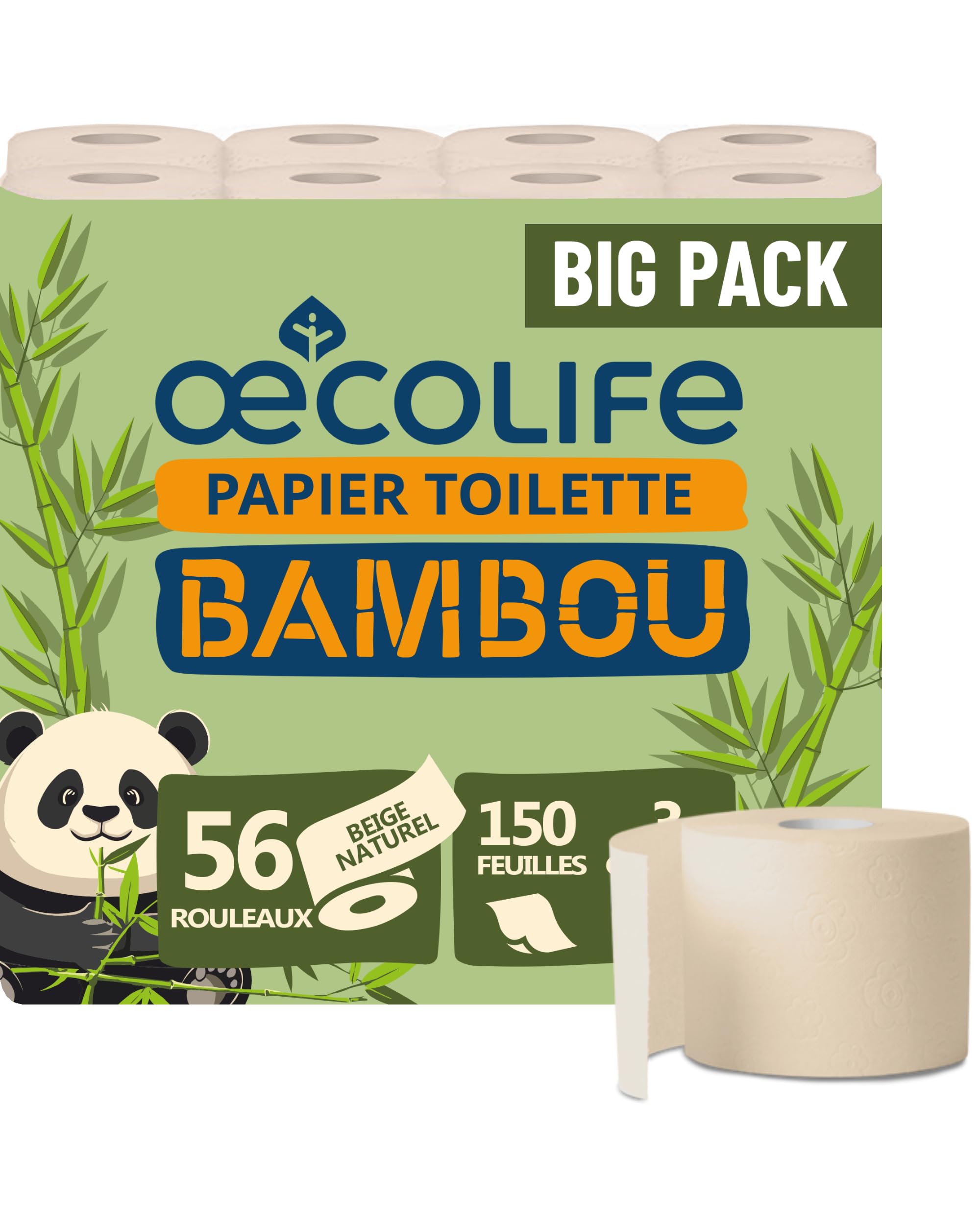 œcolife Lot de 56 rouleaux de papier toilette en bambou, 3 couches, 56 x 150 feuilles, super doux, végétalien, durable, emballage 60% PCR