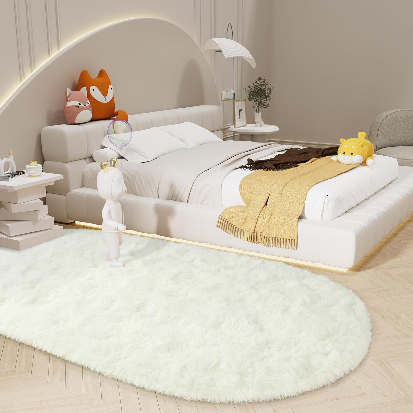 LOCHAS Bedroom Rug 3.3' x 6.2', Cream Fluffy Shaggy Area Rug for Bedroom Bedside, Soft Oval Throw Rugs Carpet for Kids Girls Nursery Living Room Home