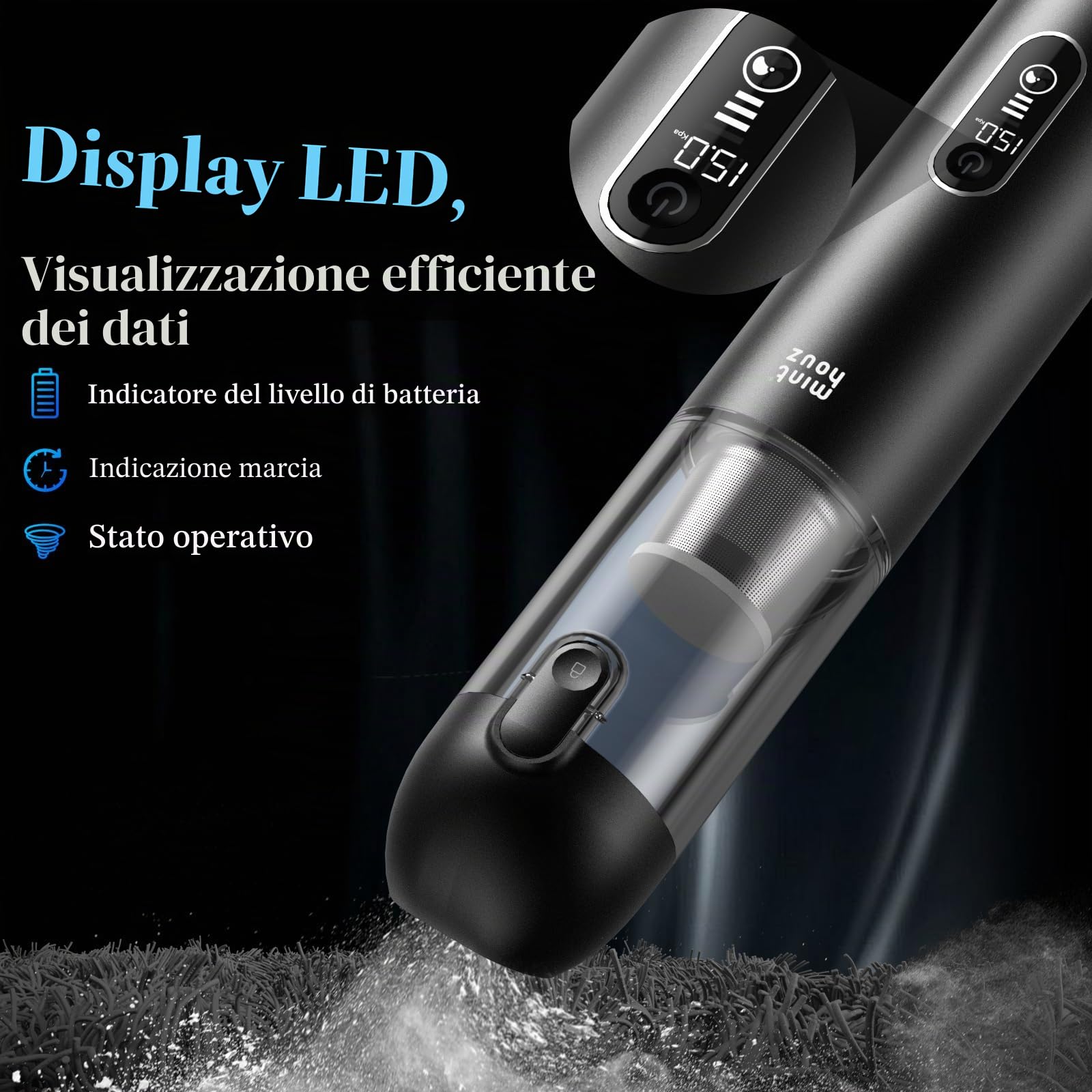 Aspirapolvere Portatile per Auto Senza Fili 20000PA - Potente Aspirapolvere a Mano con Display LED, Ricarica Rapida 2,5H e Autonomia 45 Minuti, Ideale per Interni Auto/ Casa/ Angoli/ Pellet di Animali