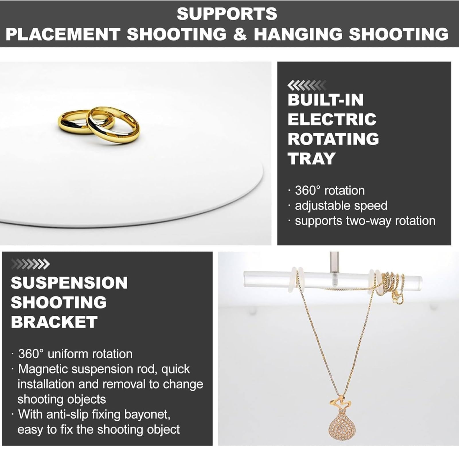 Kit de boîte de Photographie de Bijoux | Boîte à lumière électrique rotative à 360° | Boîte à lumière pour Photographie de Bijoux | pour Placer/Suspendre des Bijoux (White, Tb30)