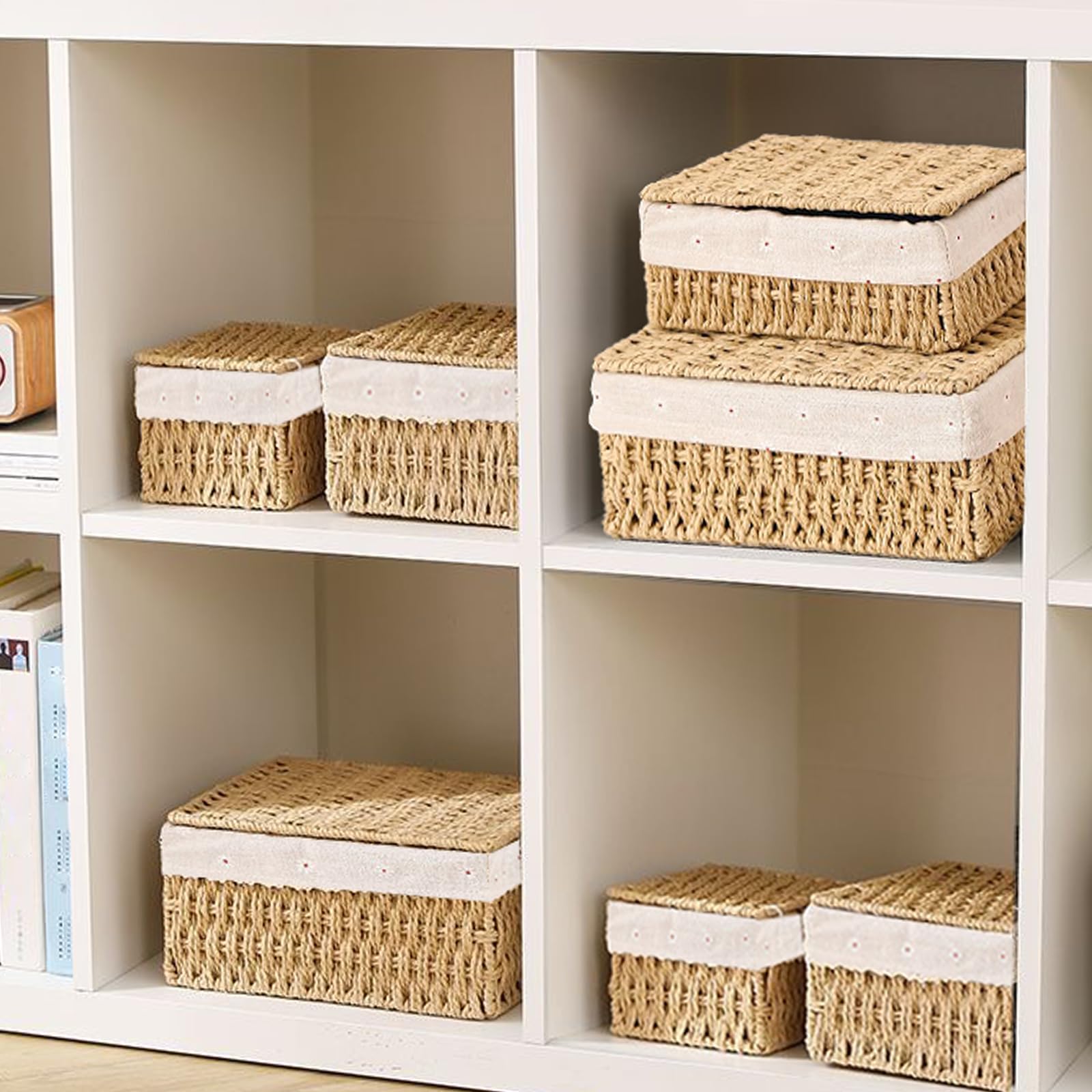 Zestaw 3 Koszyków do Przechowywania z Pokrywką – Koszyki Pleciony z Liny Papierowej, Boho Decor, 3 Rozmiary (Mały, Średni, Duży), Idealne do Łazienki, Salonu i Sypialni