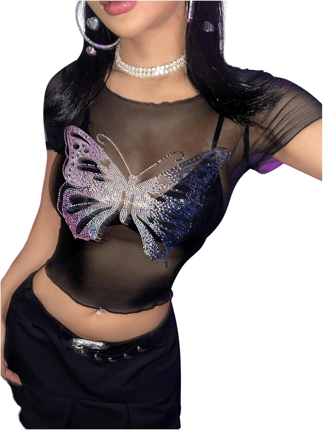 SHENHE Women's Mesh Sheer Butterfly Sequin Crop Top Y2k Short Sleeve Rave Club Top - Image 3