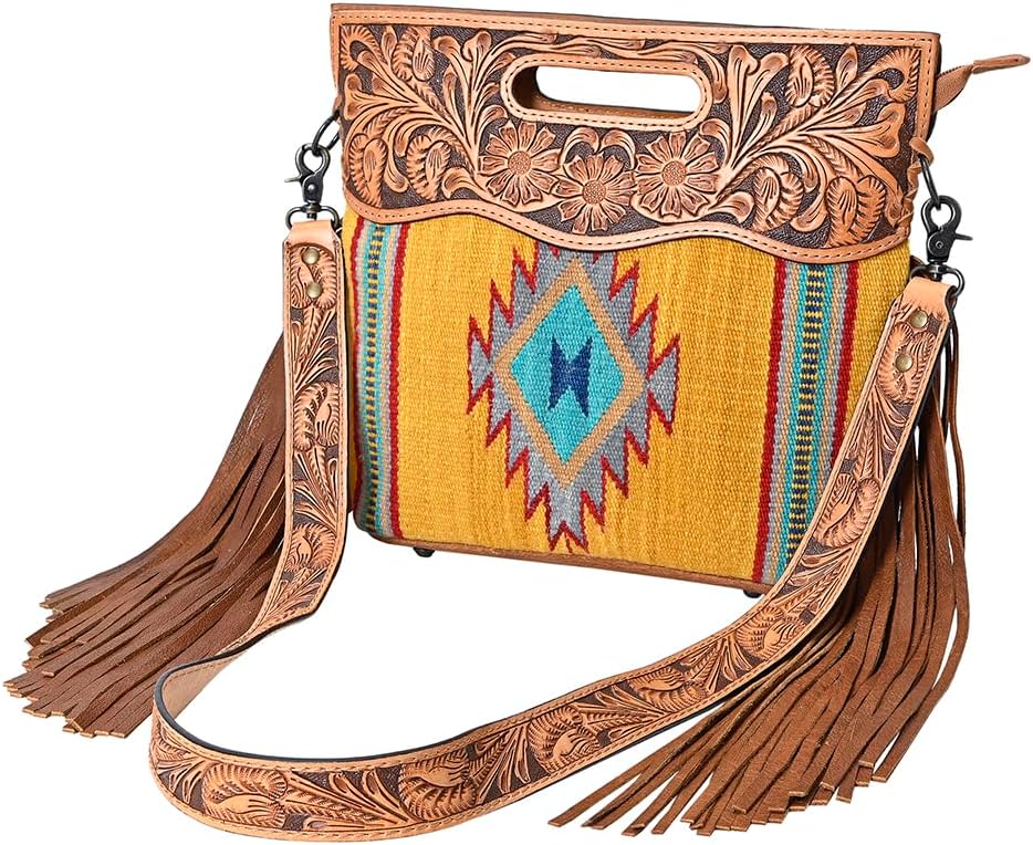 American Darling Signature Cross body Bag Hand Tooled Floral Hand Woven Saddle Blanket Leather Crossbody with Fringes