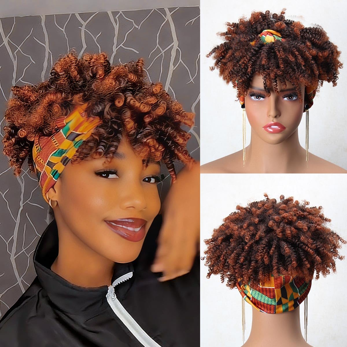 Afro Kinky Headband Wig with Bangs, 2 in 1 Head-Wrap Afro Puff Wig Short Synthetic Curly Bang Half Wigs for Women Black