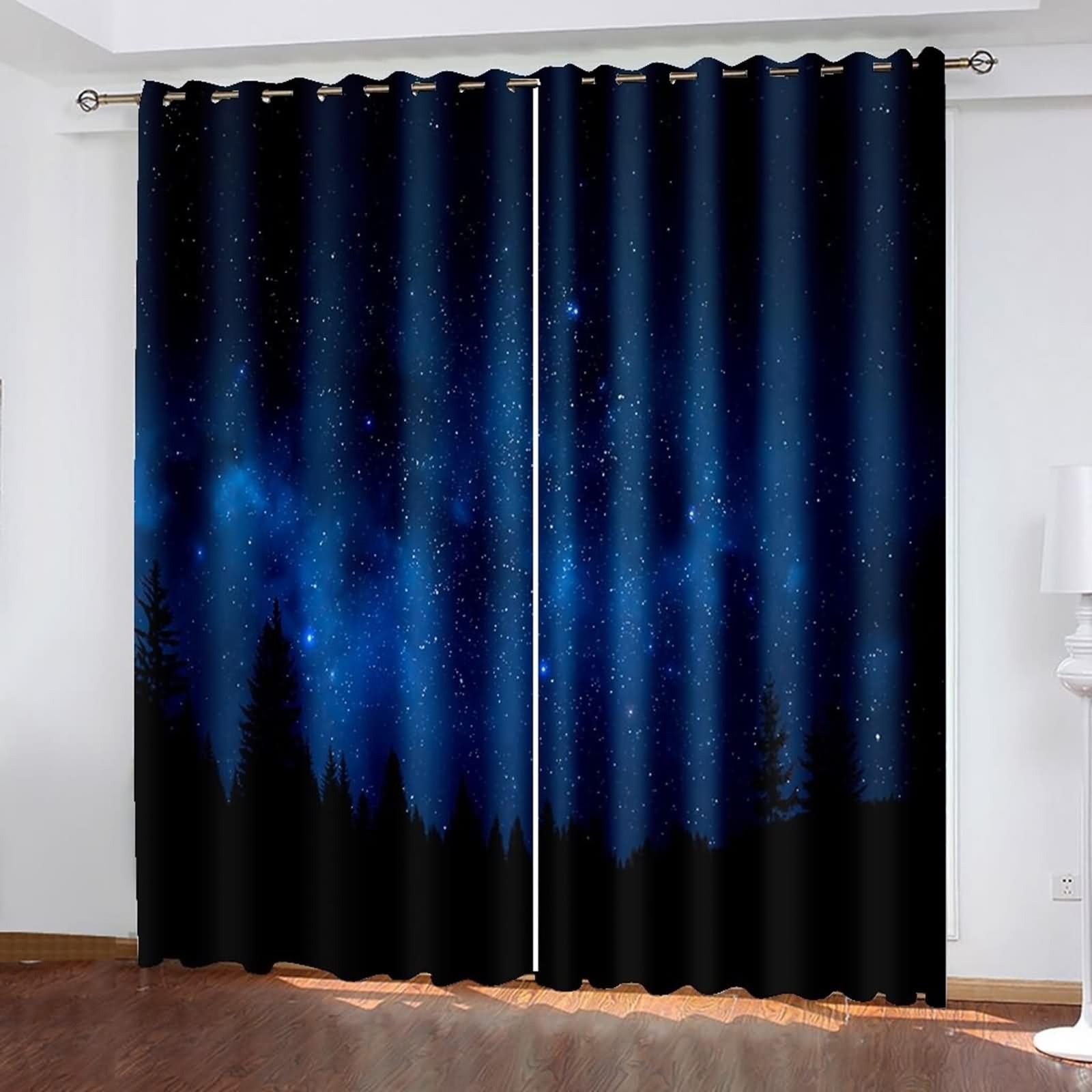 Zasłona okienna, elegancka zasłona do salonu granatowa czarna gwiaździste niebo i krajobraz lasu poliester 2 panele 214 x 183 cm