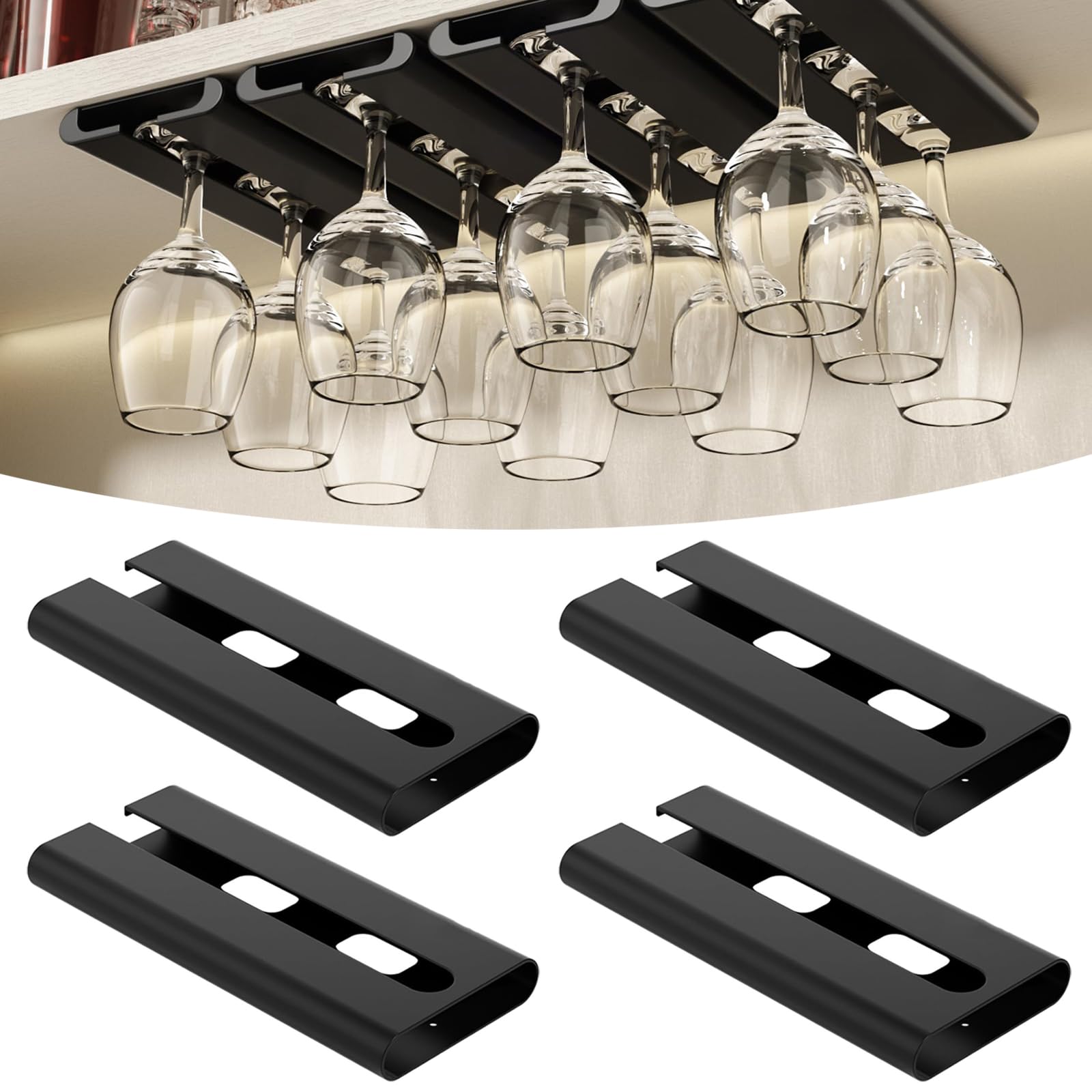 4 Pezzi Porta Bicchiere da Vino Sospeso Supporto per Calici Vino Senza Foratura Porta Calici Sottopensile Supporto Bicchiere Vino Portabicchieri Appendere per Bar Ristorante Cucina(Nero)