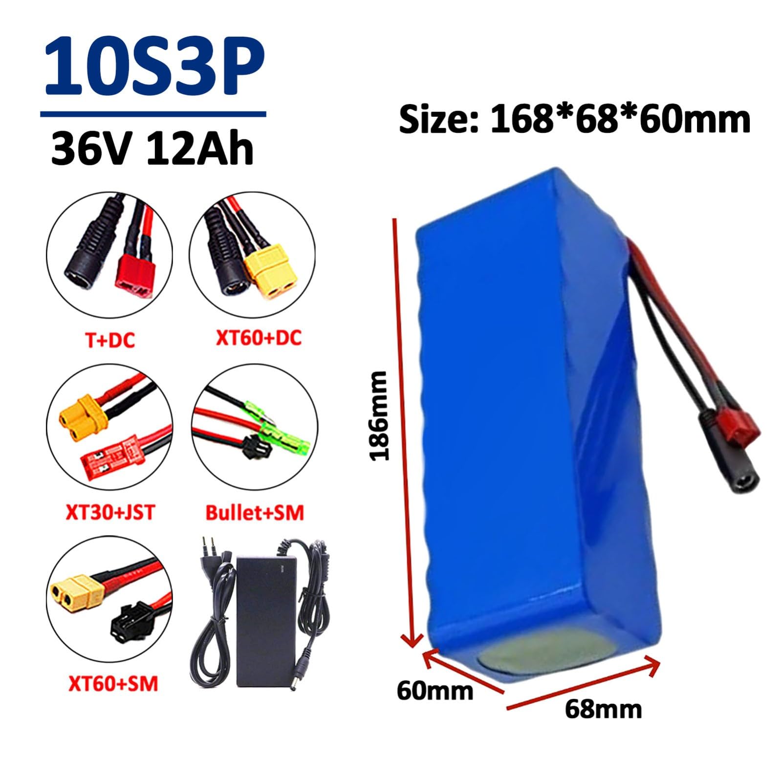 Batería De Iones De Litio De 36 V Y 12 Ah, Recargable, 10S3P, para Bicicleta Eléctrica, con Protección BMS, Resistente Al Agua, con Cargador Incluido.
