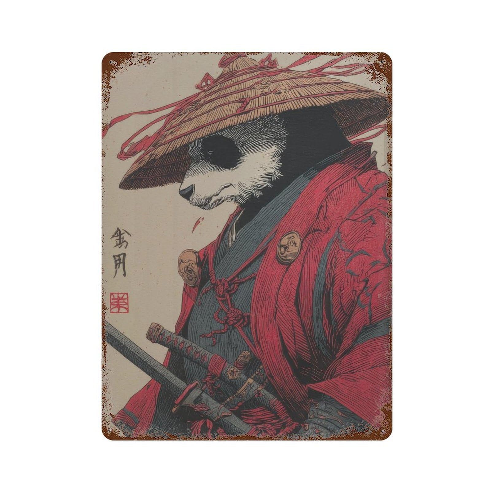 xiaoxiaoshen Panda Samurai. Japanese Ink Style Traditional Ukiyo Wall Decor Art Metal Tin Poster Modern Home Decor Art Home Bar Shop Decorations Vintage Sign 40x30cm