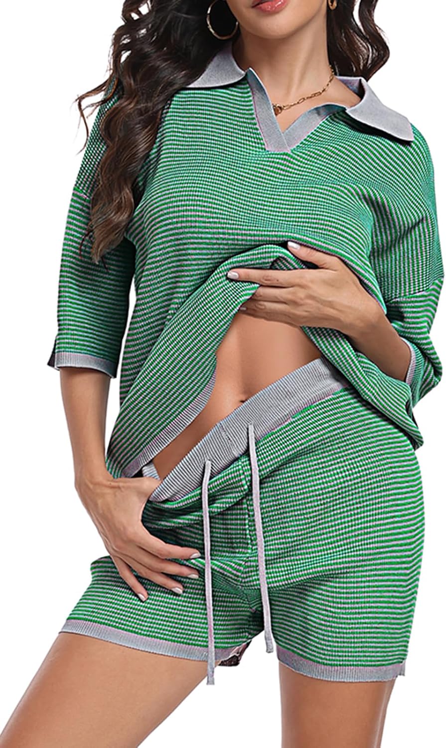 SeSe Code Striped Sweater 2 Piece Short Sets for Women, Oversized Knit Lounge Outfits for Summer Casual 2025 - Image 4