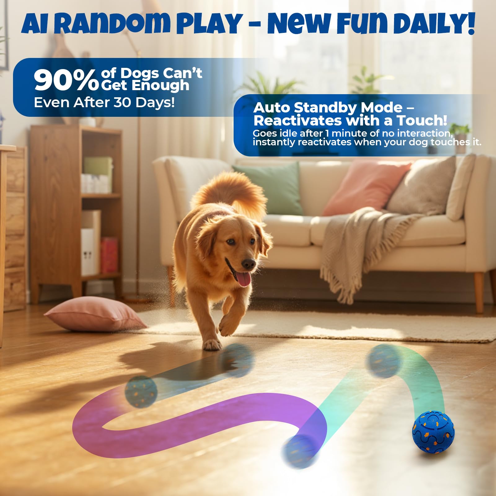 Fsitego Balles interactives pour chien : balle interactive à roulement automatique – Jouets interactifs pour chiens à mâcher agressifs – rebondissantes et jetables, rechargeables de type C, lavables