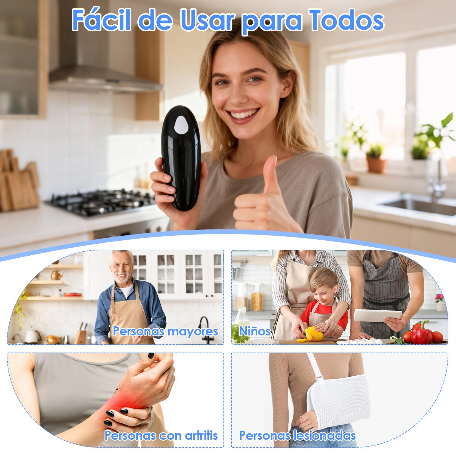 Abridor de Latas Eléctrico Automático, Abre Todo Tipo de Latas con Solo Pulsar un Botón - Ideal para Cocineros, Mayores, Niños y Personas con Movilidad Reducida