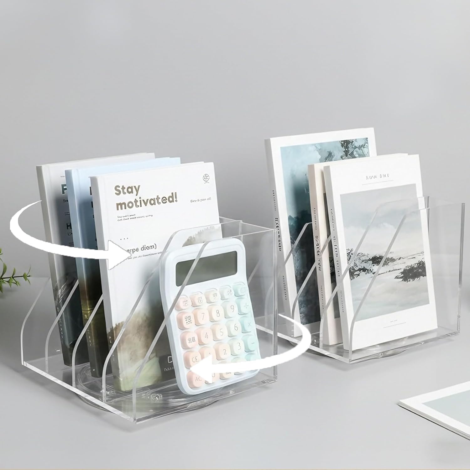LIYAOLI Rotating Acrylic Book Organizer, 360° Spinning 6 Compartments Desktop Magazine File Holder, Vertical Storage for Books, Binders, Notebooks & Magazines, Clear Desk Organizer for Home Office