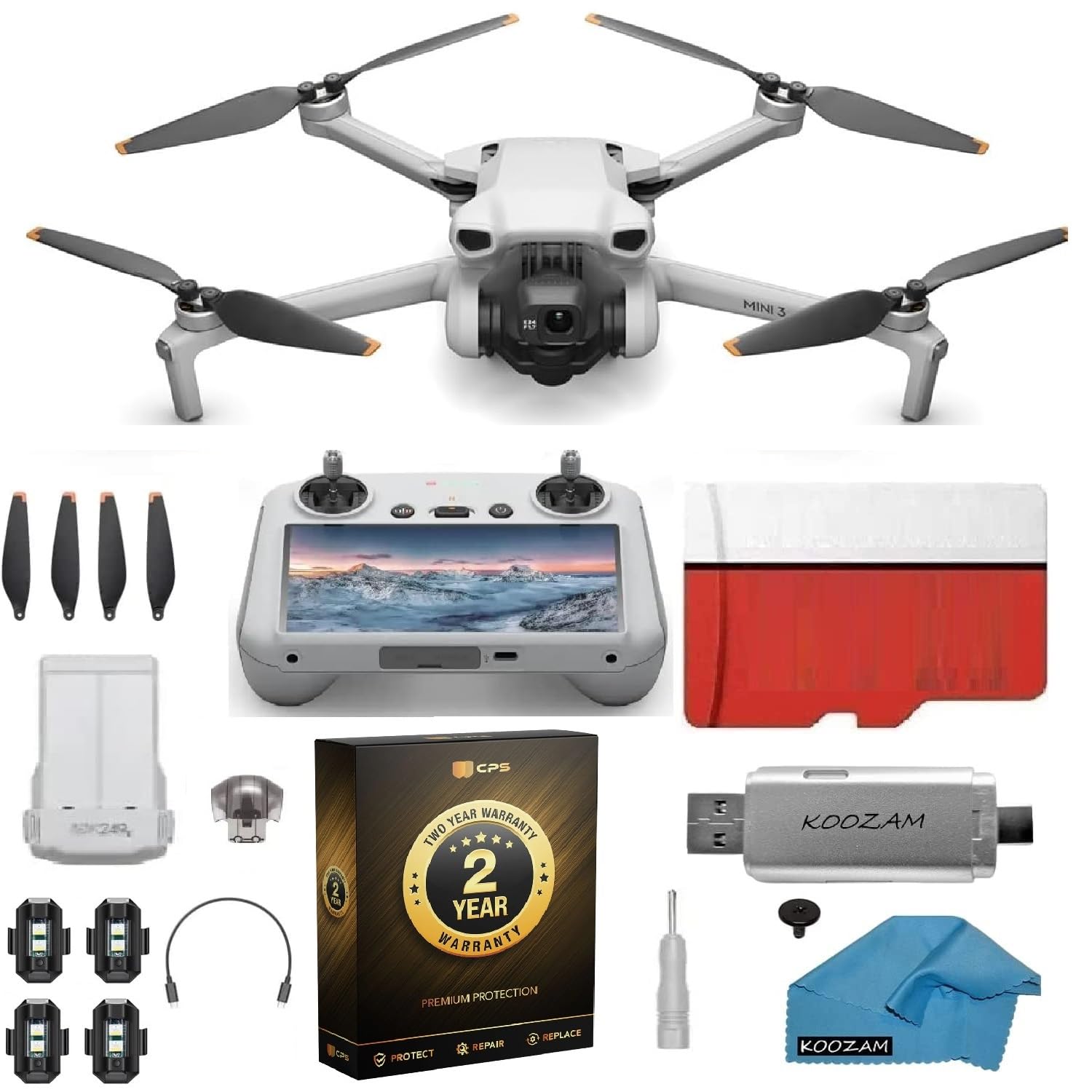 Mini 3 Drone with DJI RC Remote (Built-In Screen), 4K Camera, 38-Min Flight Time, Bundle with 128GB SD Card, USB 3.0 Reader, Strobe Lights & 2-Year Extended Warranty