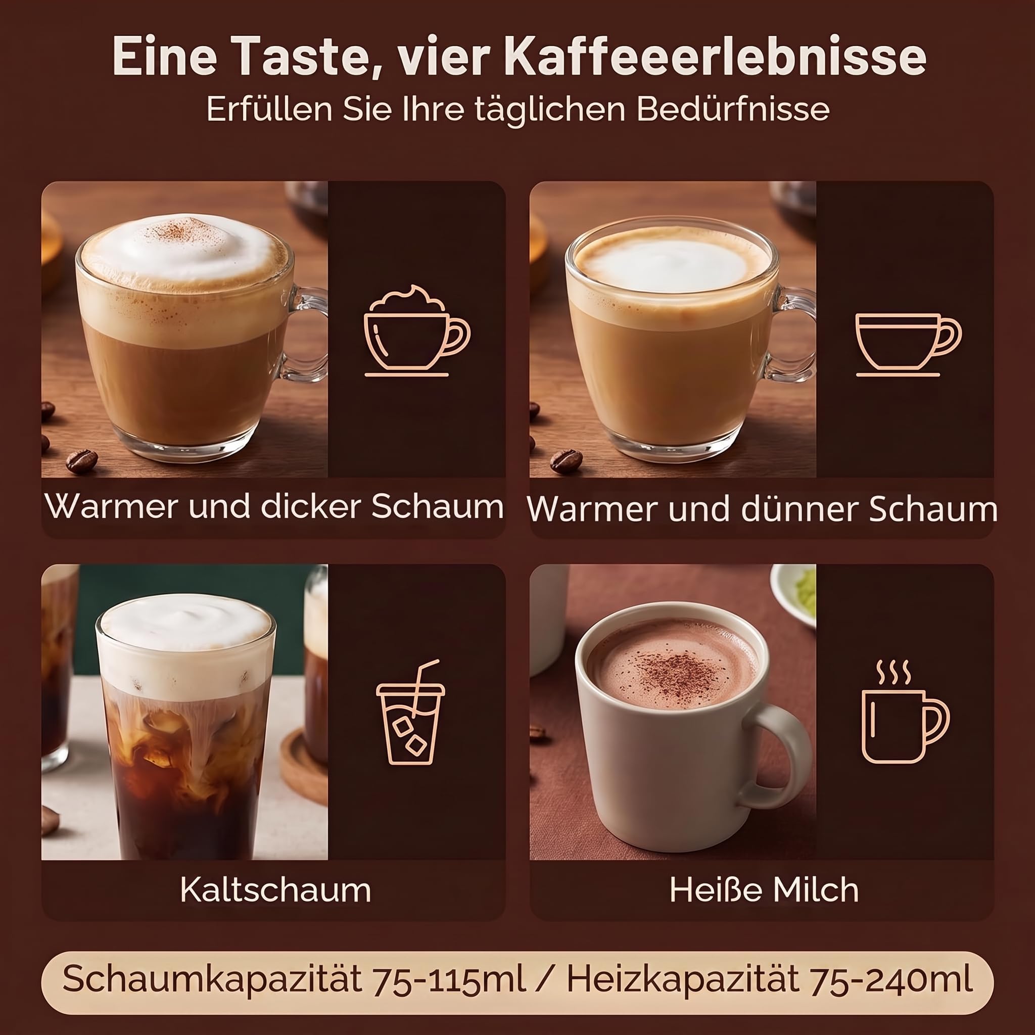 Morpilot Milchaufschäumer Elektrisch 4 in 1 – Spülmaschinenfest (Einzigartig), 75-240ml, leise & schnell, für heißen & kalten Milchschaum, Edelstahl, Antihaft, für Latte Macchiato & Cappuccino