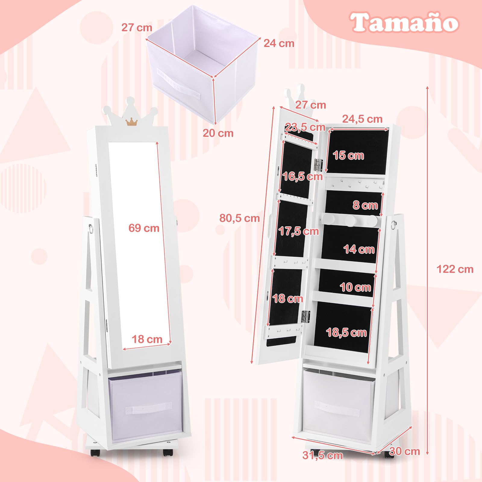 COSTWAY Armario Joyero para Niñas con Espejo de Cuerpo Completo y Base Giratoria, Blanco