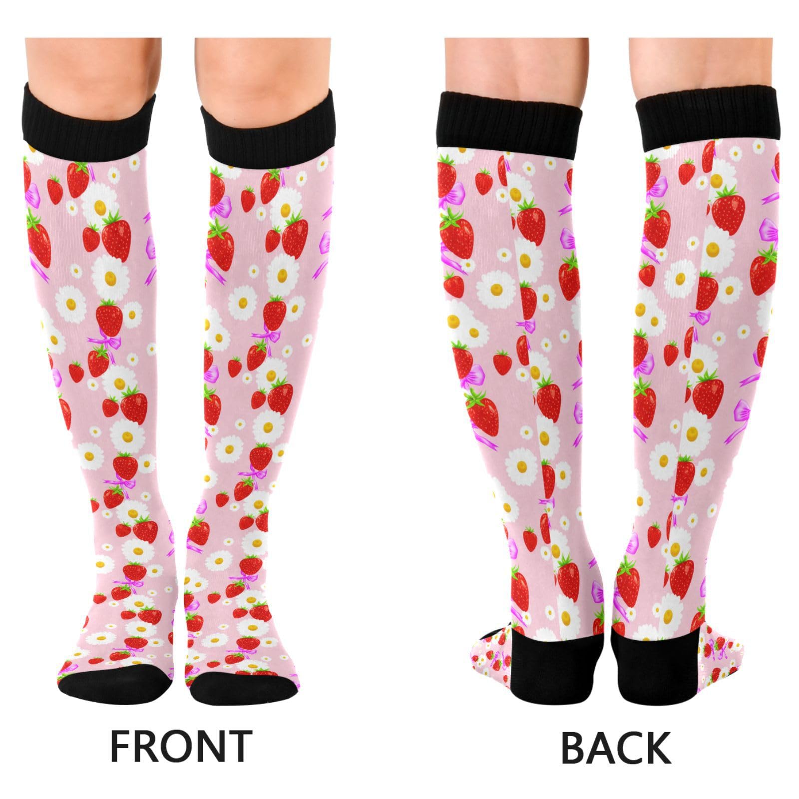 Wassud Strawberries with Flowers Compression Socks for Women and Men 20-30 mmHg Knee High Socks for Nurses Travel Socks 2 Pair