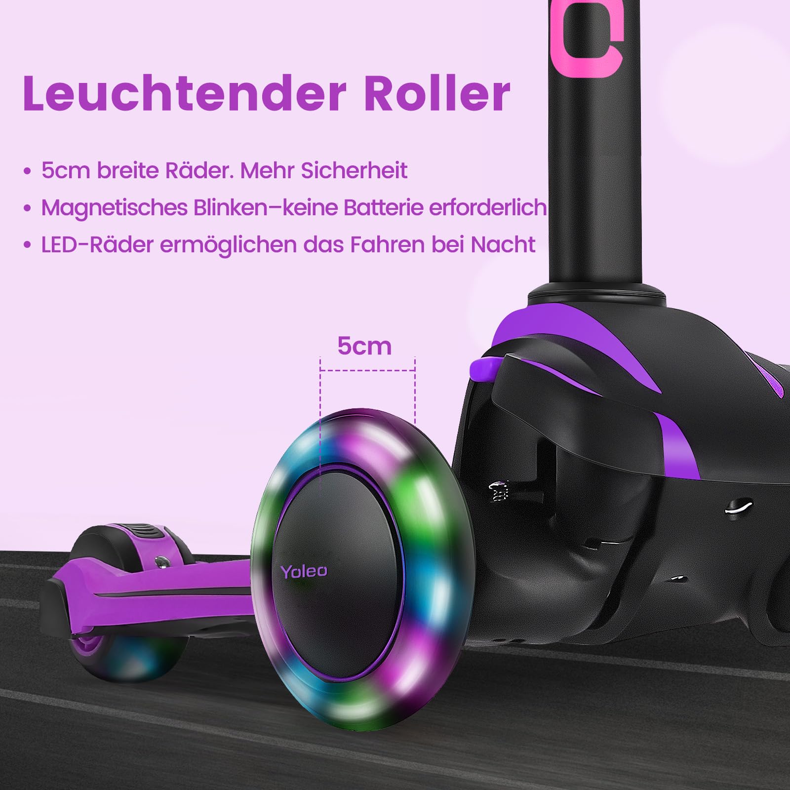 YOLEO Roller Kinder für 3–12 Jahre, Kinder Roller mit 4 Verstellbaren Höhen, Leuchtenden Räder Kinderroller, Stoßdämpfendes Design, Leicht zu Lenken, Balance-Trainings-Roller für Kinder