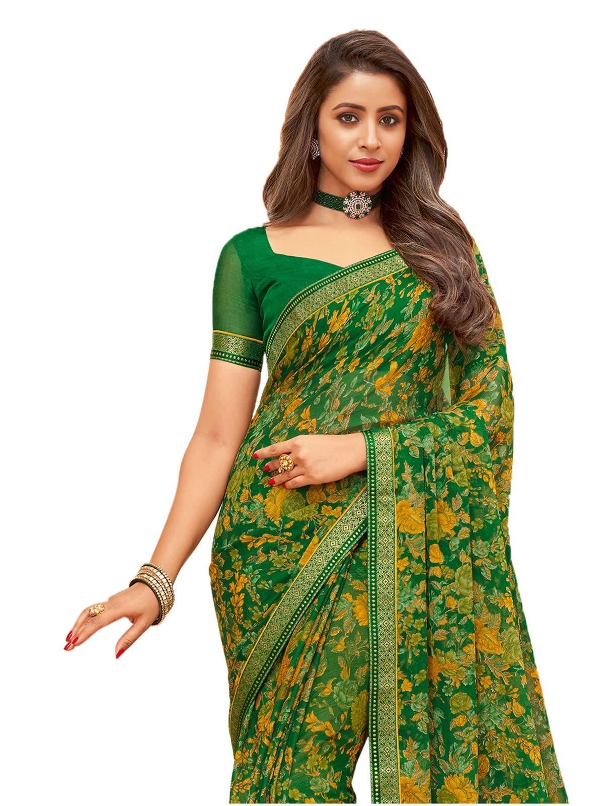 Women's Floral Printed Chiffon Saree with Blouse