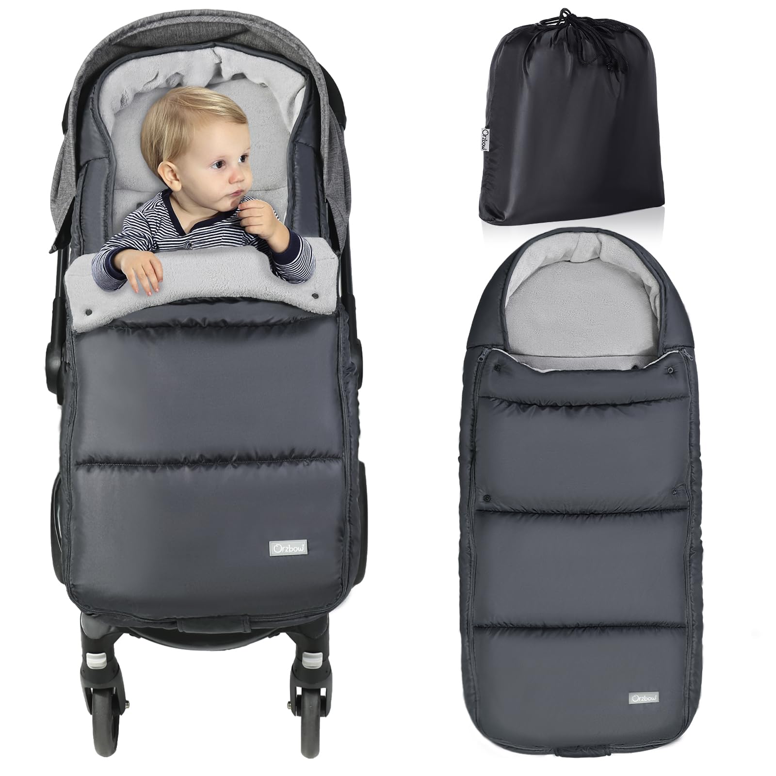 Orzbow Saco Silla Paseo Universal Invierno, Ajustable Saco Carro Bebe con Cremallera y Botones, Impermeable Saco Silla de Paseo con Bolsa de Cordón, Desenfundable, Forro Polar Caliente, Gris Oscuro