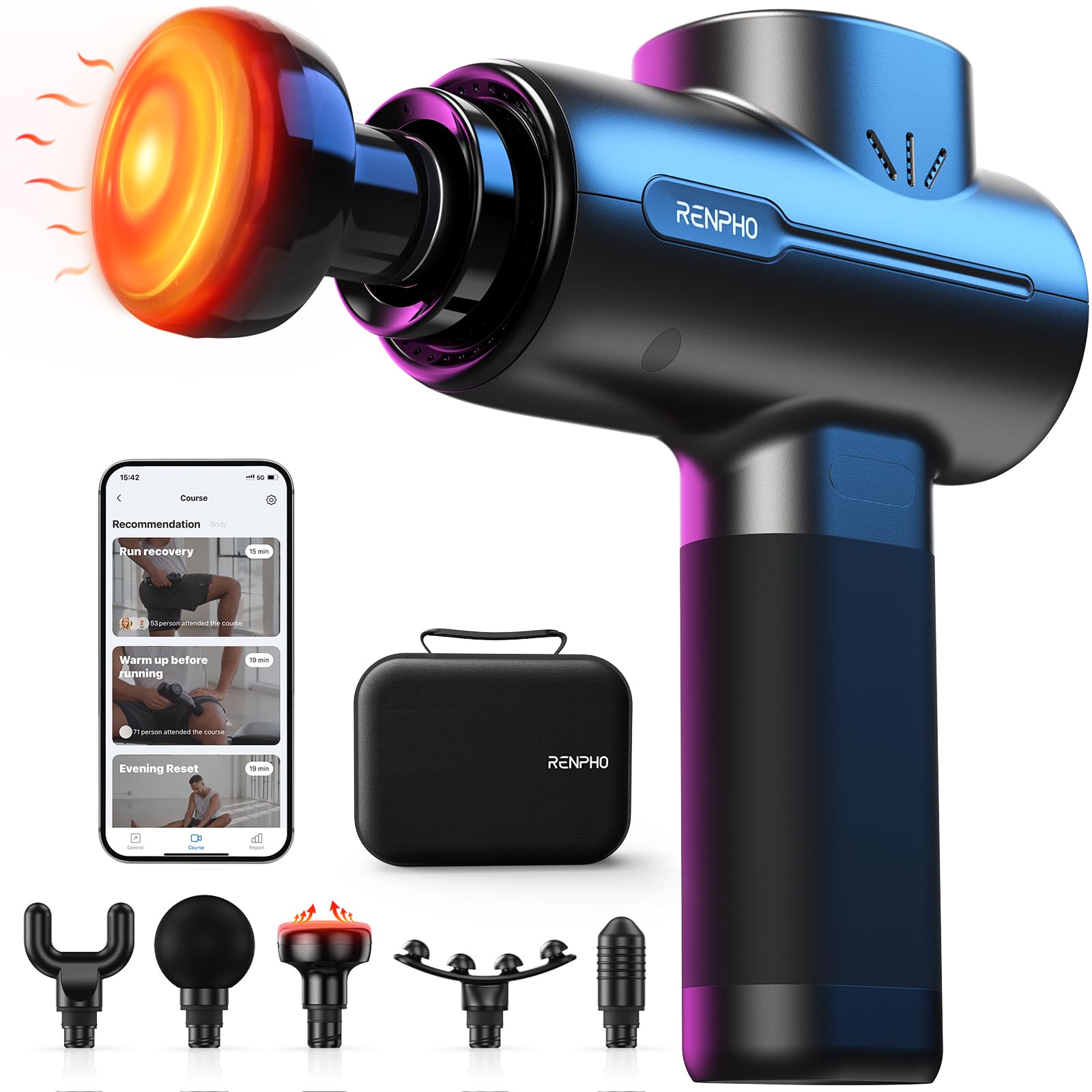 RENPHO Massage Gun with Heat, Mini Percussion Deep Tissue Massager, Handheld Muscle Massager Gun for Athletes, 5 Heads, 5 Speeds