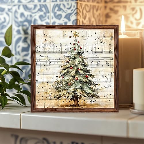Miniatura 5 de Árbol de Navidad rústico, notas musicales, letrero de madera, con marco, arte de pared para decoración de habitación de Navidad, vacaciones,