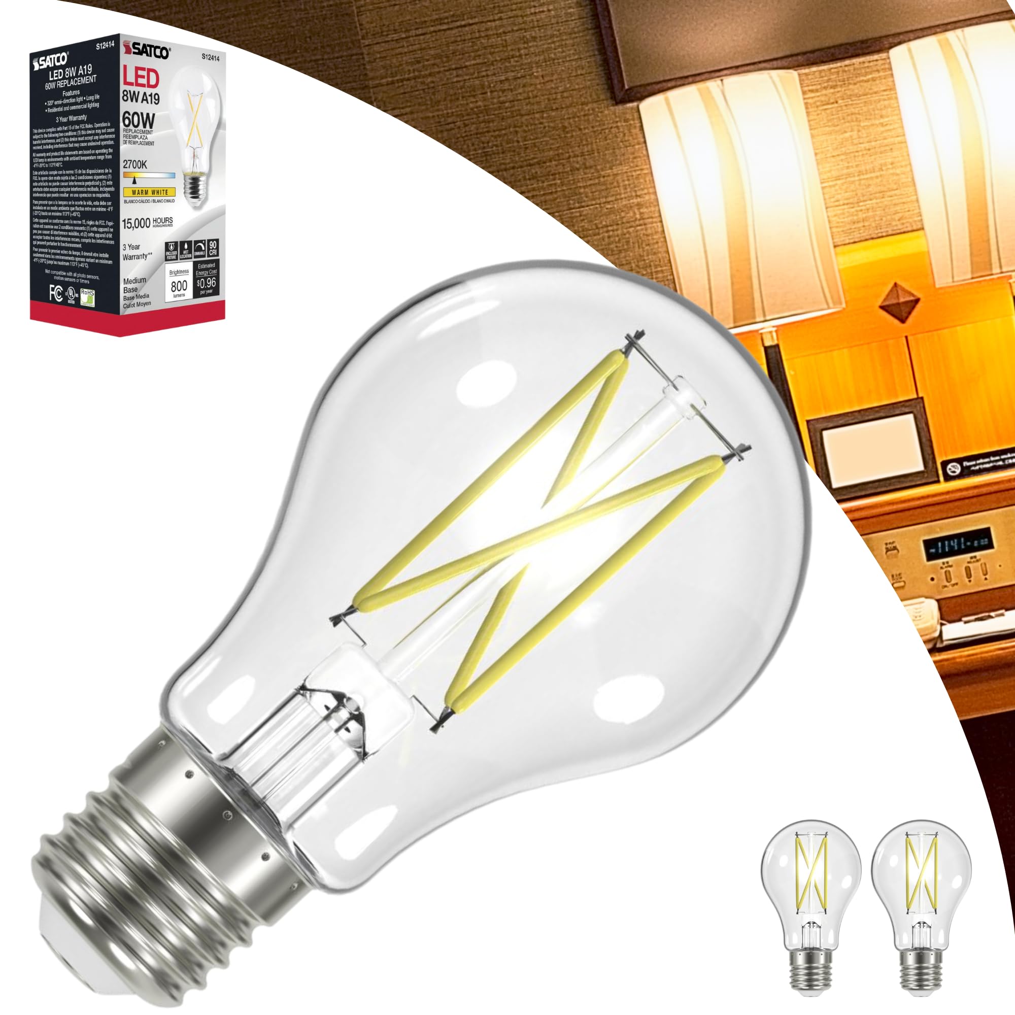 Satco S12414-8 Watt A19 Clear LED Light Bulb - 2700K - 800 Lumens