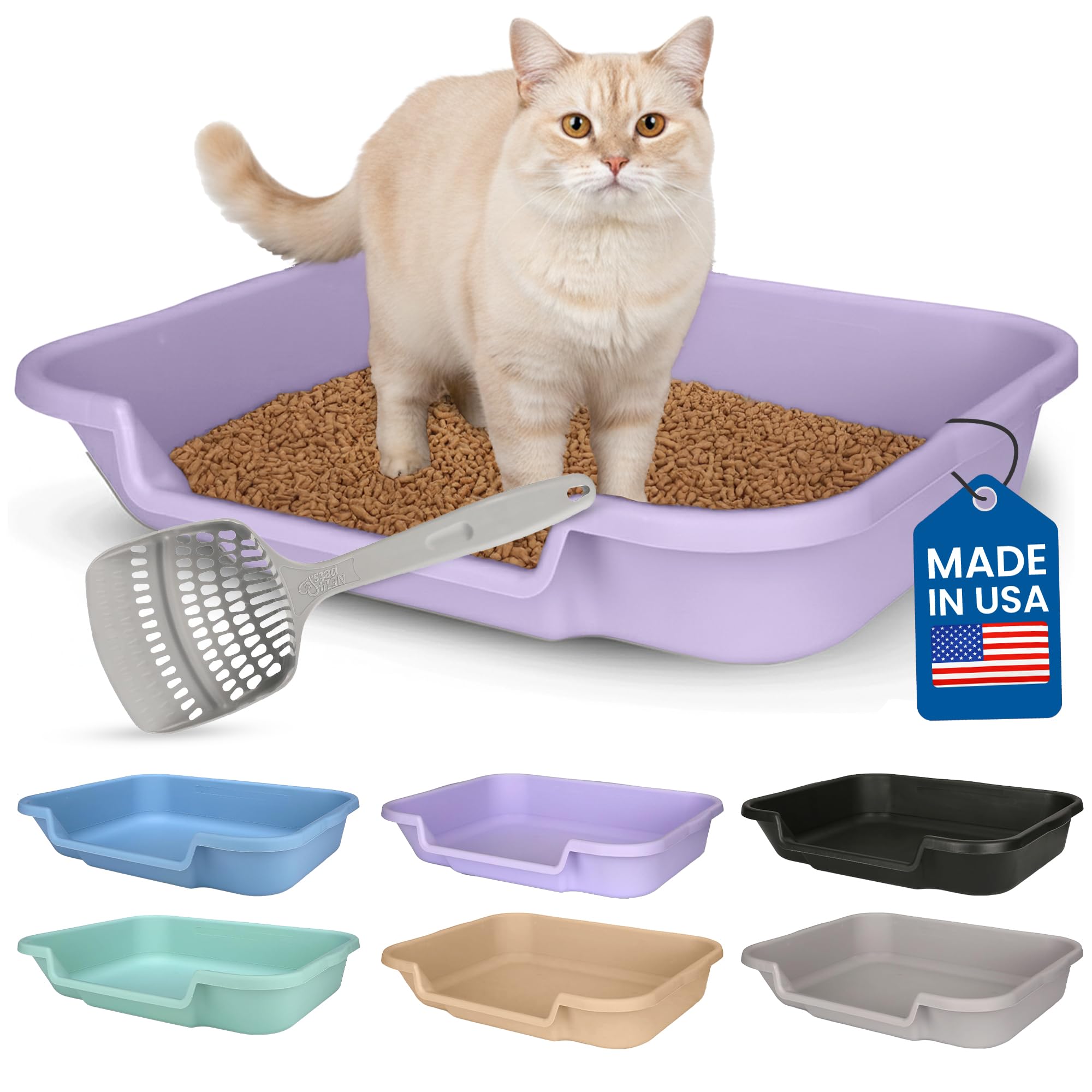 KittyGoHere Senior Cat Litter Box, Large Litter pan with Long-Handle Jumbo Scoop, Open Top Low Entrance Kitty Litter Box, Lightweight Low Entry Litters Box, Durable, Made in USA (Storybook Lavendar)