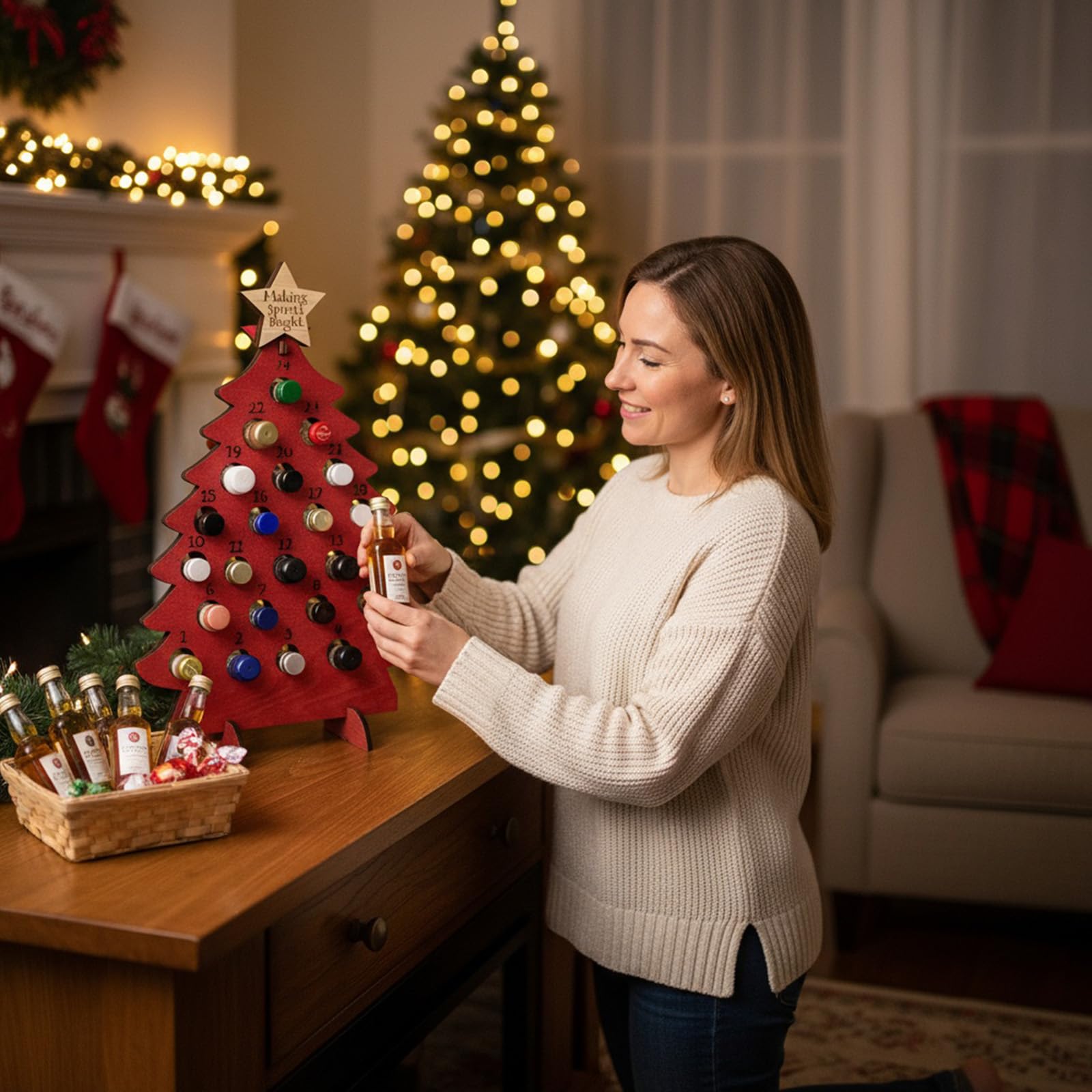 Weihnachts Count Down Displaybaum aus Naturholz für 24 Flaschen unterschiedlicher Größe, Weihnachtsdekoration für Familienfeiern, Miniatur Alkoholflaschen Adventskalender