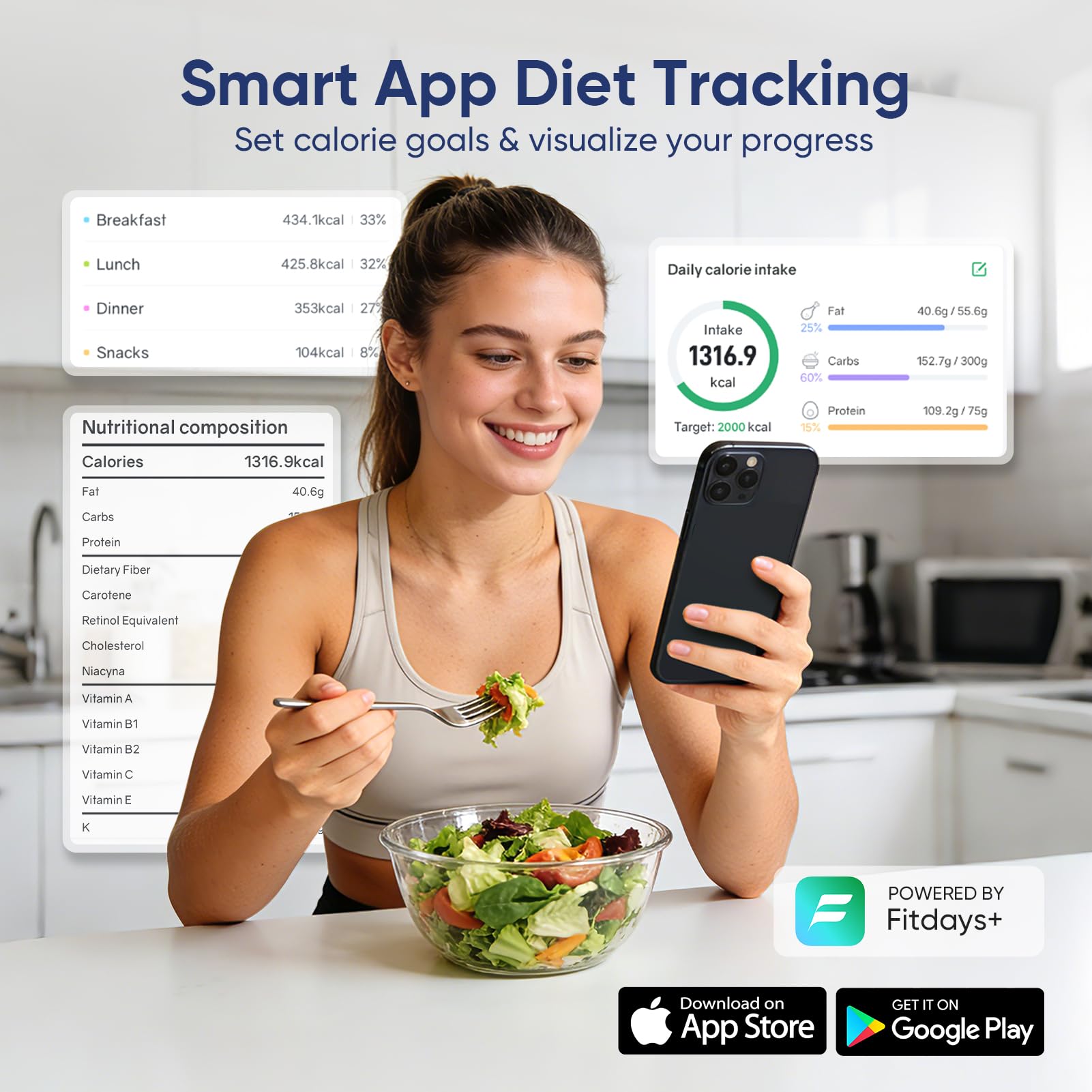 Báscula inteligente de alimentos con calculadora nutricional, aplicación gratuita con seguimiento de 24 nutrientes, calorías, macro, báscula digital de acero inoxidable de alta calidad para