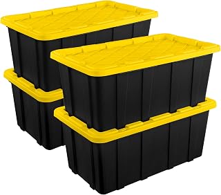 Sterilite 38 Gallon Industrial Totes 4-Pack Heavy-Duty Stackable Plastic Storage Bins with Secure Lids for Garage Organization