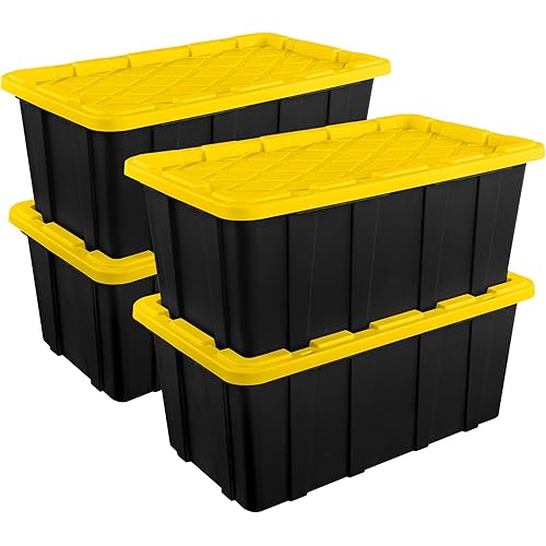 Sterilite 4-Pack Industrial Tote, Plastic Storage Container Bins with Lids, 38 Gallon - Heavy-Duty Organizing Containers for Closet, Bathroom, and Office