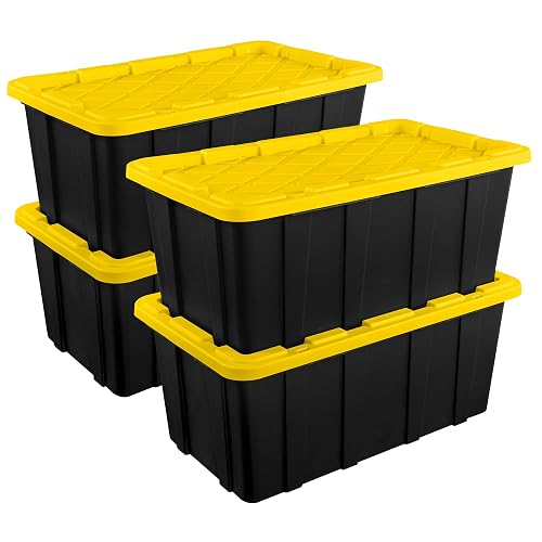 Sterilite 4-Pack Industrial Tote, Plastic Storage Container Bins with Lids, 38 Gallon - Heavy-Duty Organizing Containers for Closet, Bathroom, and Office - 38 Gallon - Black/Yellow - 4