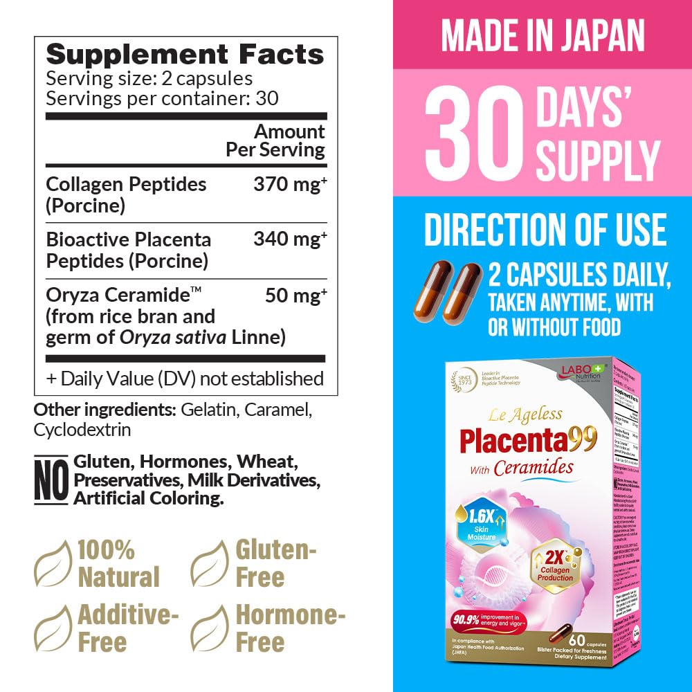 LABO Nutrition Le Ageless Placenta 99 Ceramides & Collagen - 60 Capsules — Amazon image 2