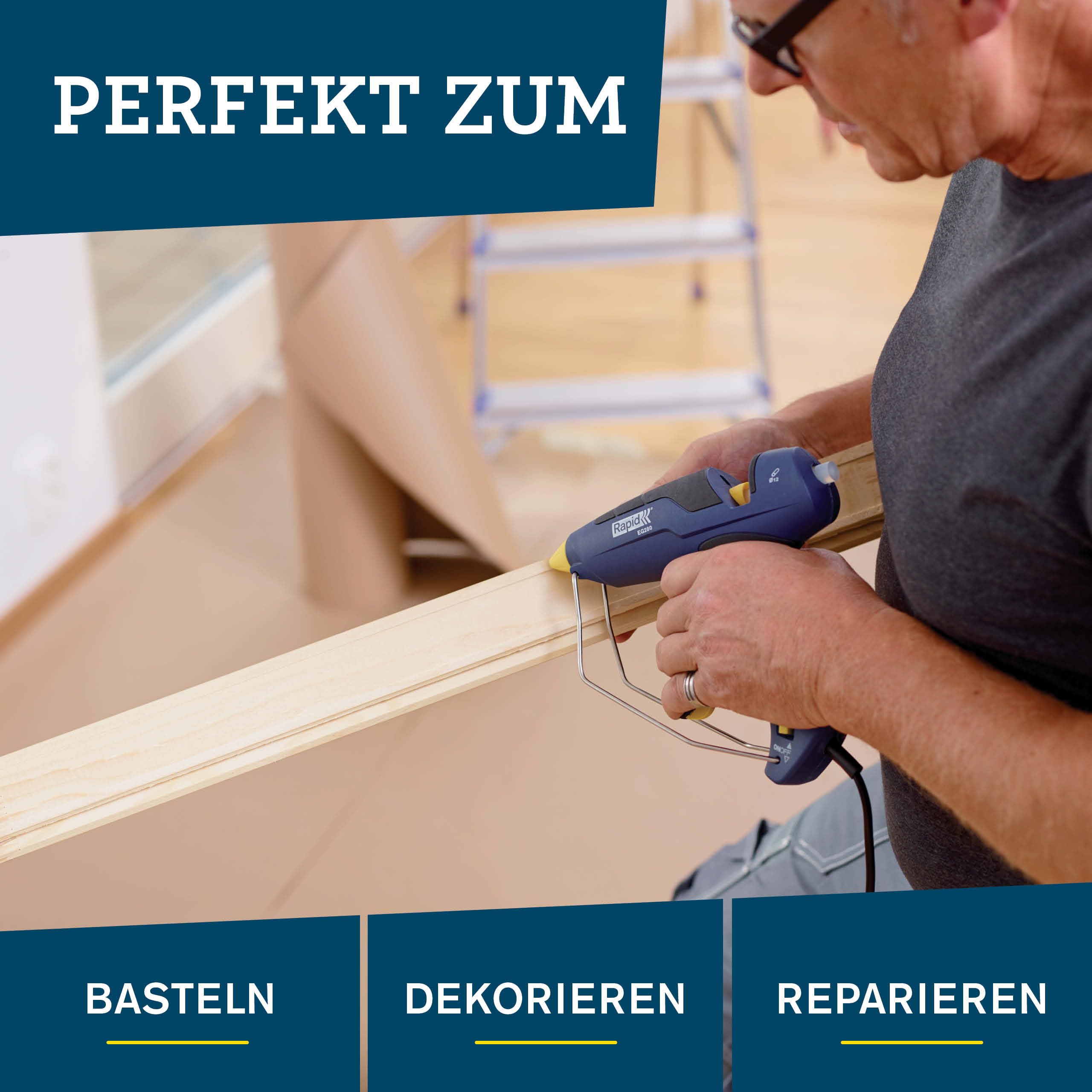 Rapid EG280 Heißklebepistole für 12mm Klebesticks, 600g/Std., 3 Min Aufheizzeit, Soft-Grip-Griff, Auswechselbare Düse, Fester Standfuß - für Heimwerker & Bastler